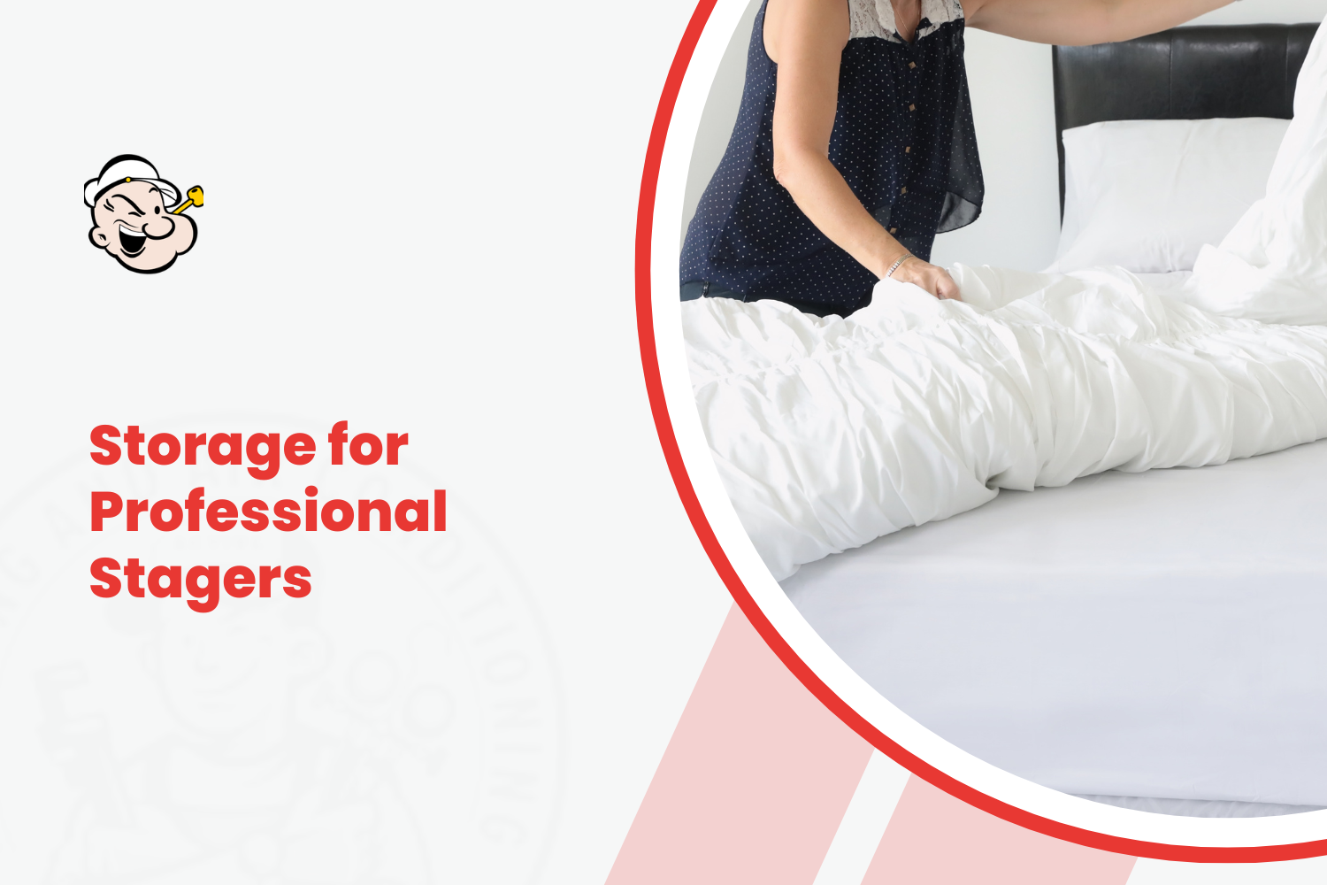 Professional home stager arranging white bedding on a bed for staging inventory