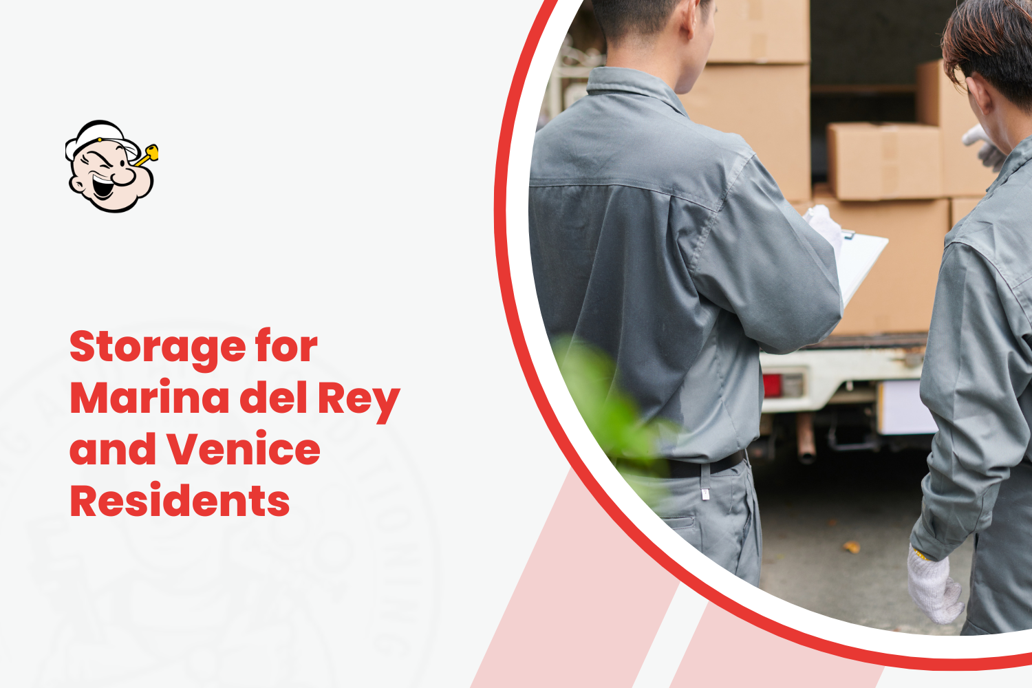 Two movers in gray uniforms reviewing clipboard beside moving truck with boxes