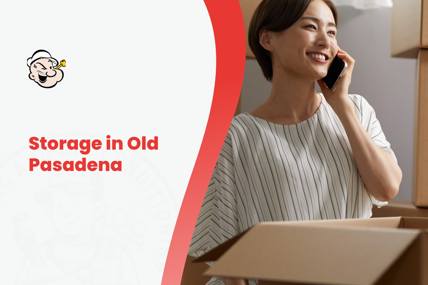 Smiling woman on phone call surrounded by cardboard moving boxes in Pasadena