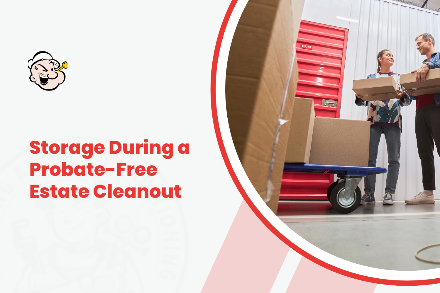Two people moving cardboard boxes on a dolly inside a red storage unit facility