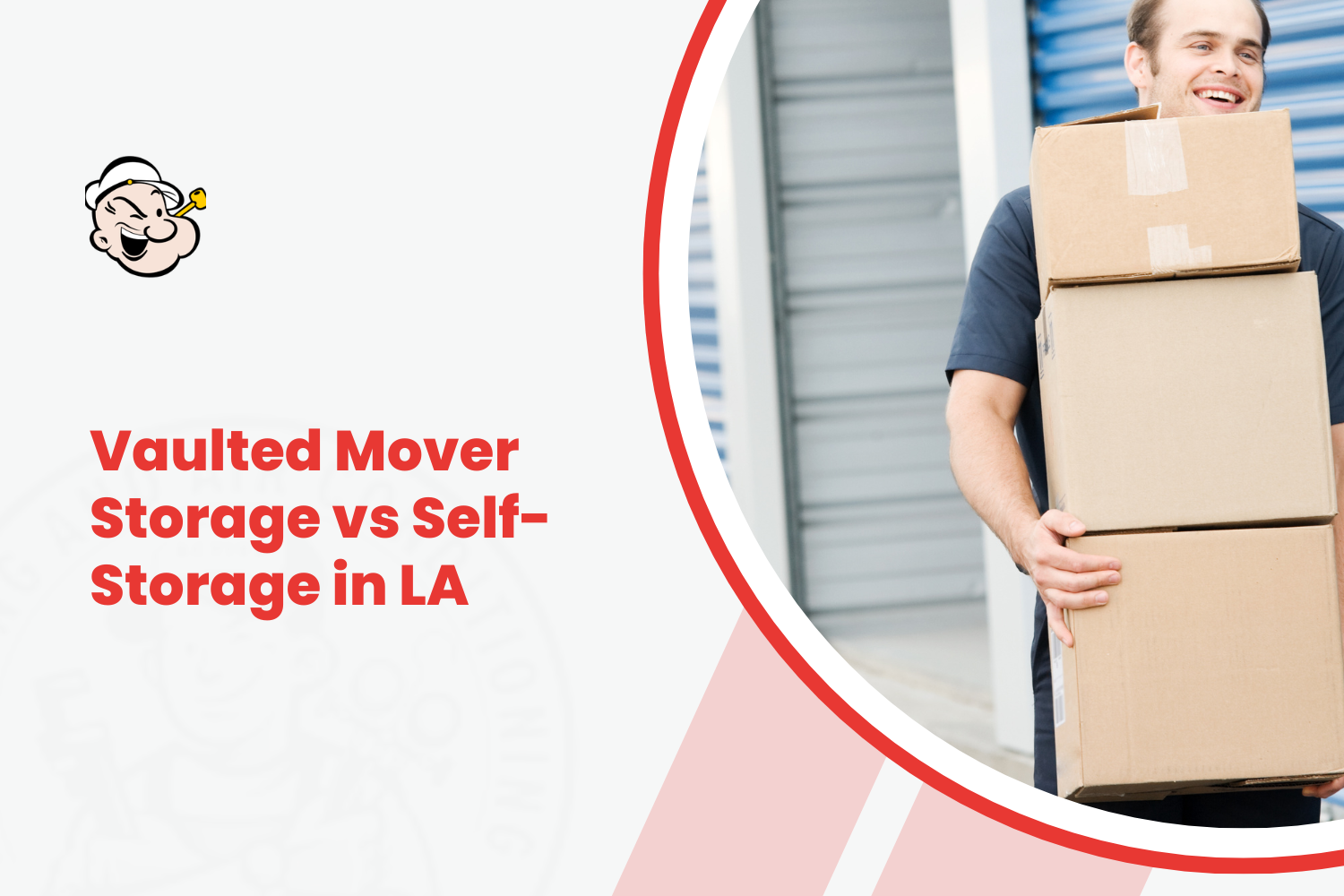 Smiling mover carrying stacked cardboard boxes outside blue self-storage units in LA