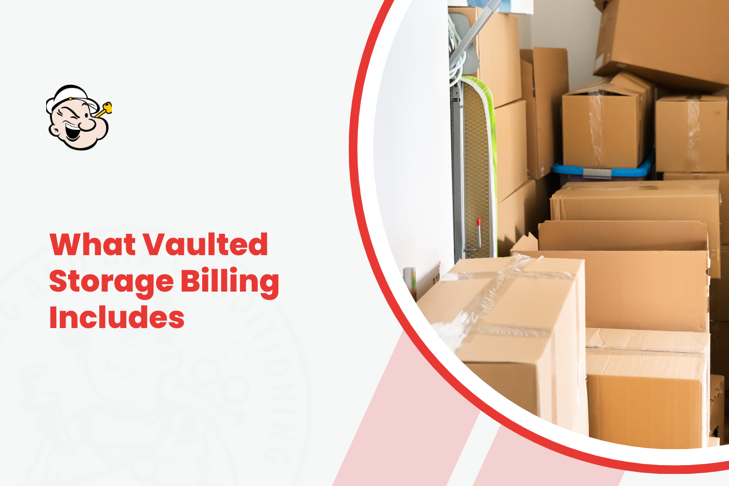 Stacked cardboard moving boxes in vaulted storage unit with plastic wrapping visible