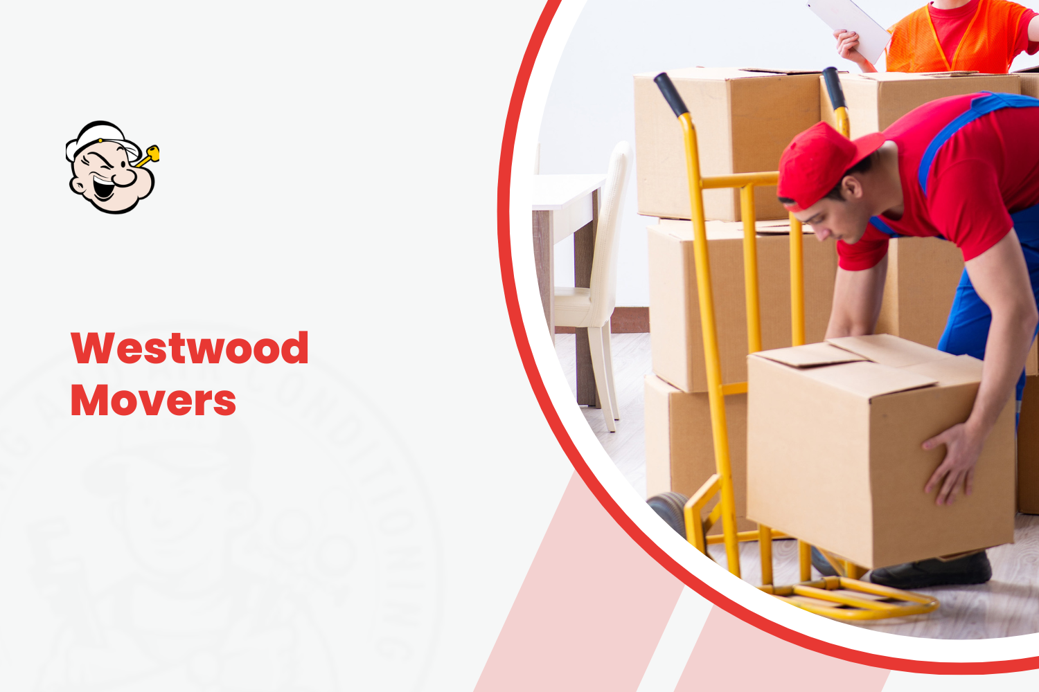 Westwood Movers professionals in red uniforms loading cardboard boxes onto yellow hand truck
