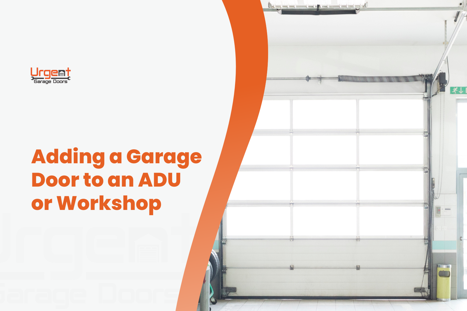 White sectional garage door with windows installed in a bright ADU workshop space