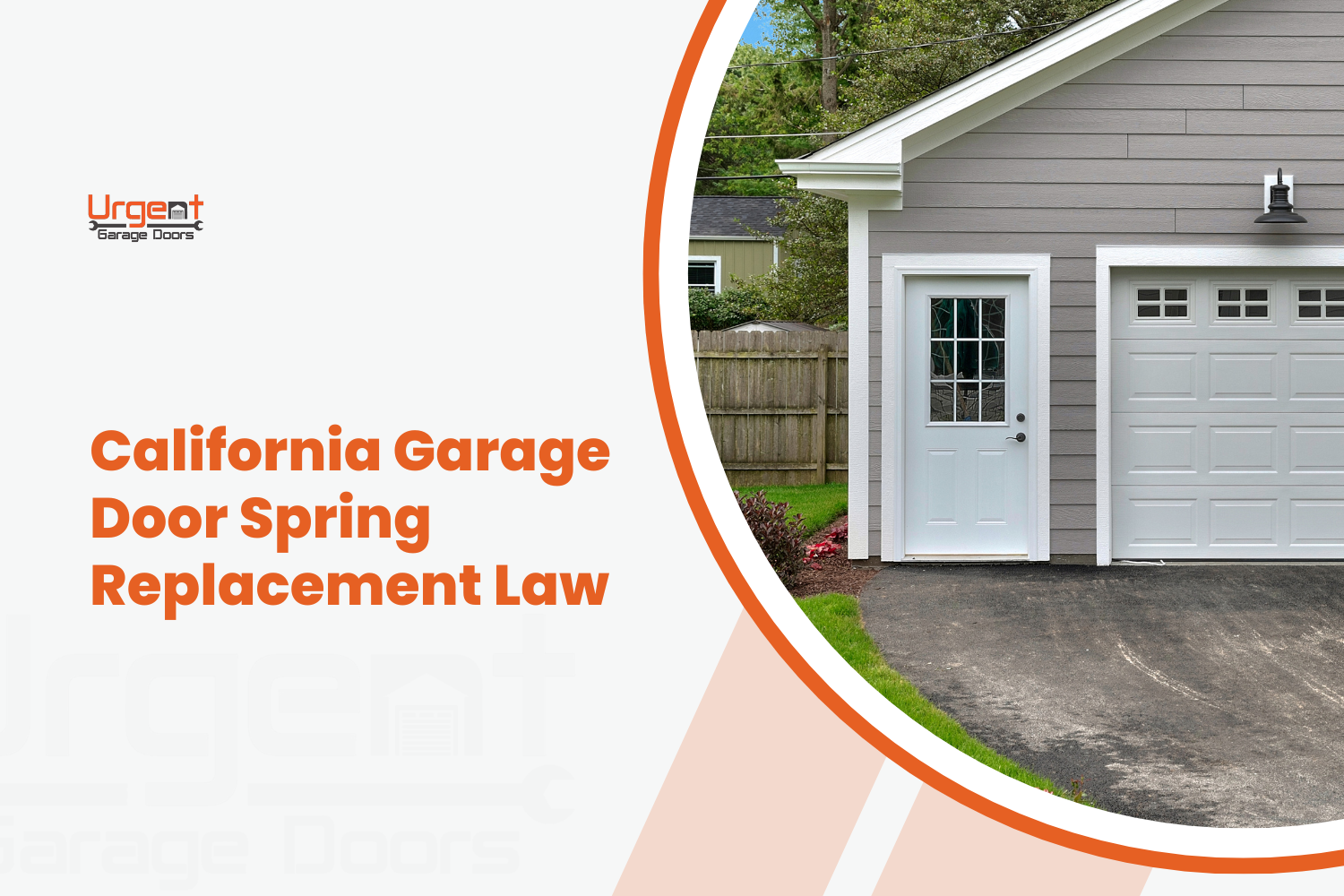 Gray suburban garage with white door illustrating California garage door spring replacement law