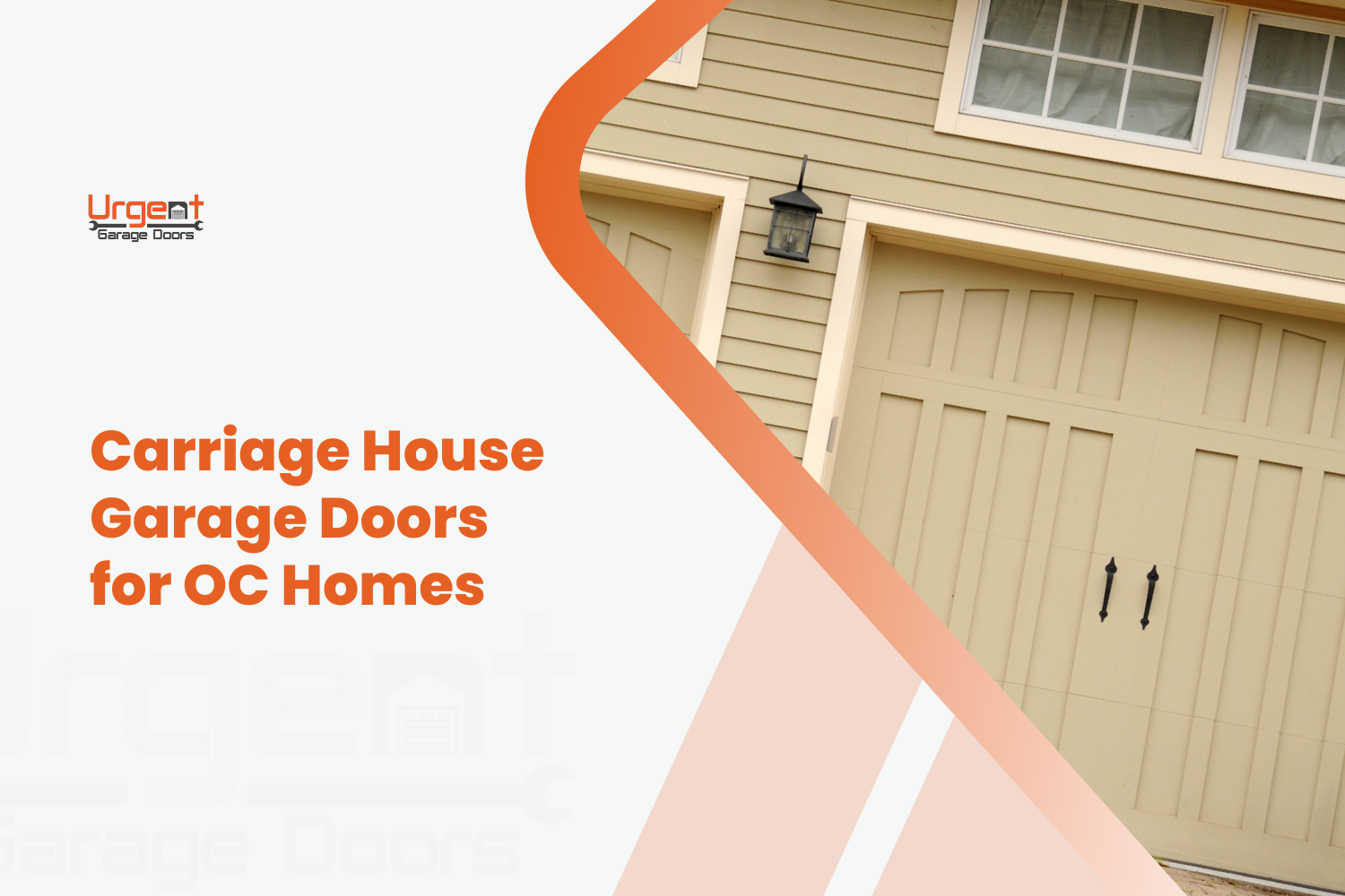 Carriage house style garage door with vertical panels and decorative black hardware