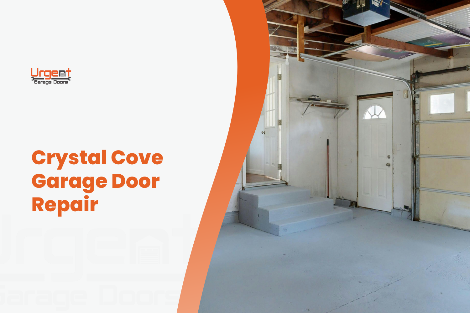 Urgent Garage Doors logo beside empty garage interior with automatic opener and entry door