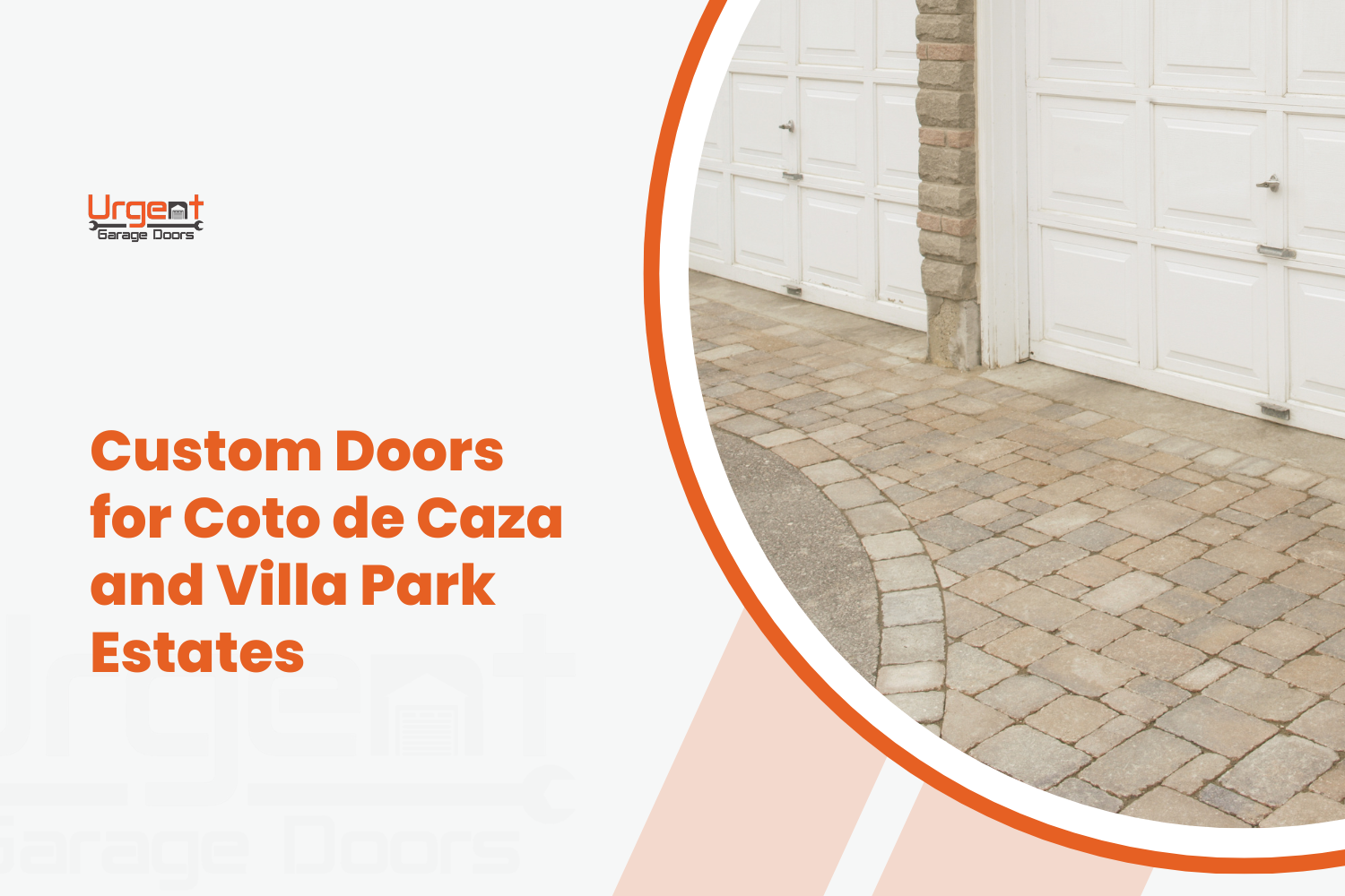 White custom garage doors with brick pillar on cobblestone driveway in luxury estate