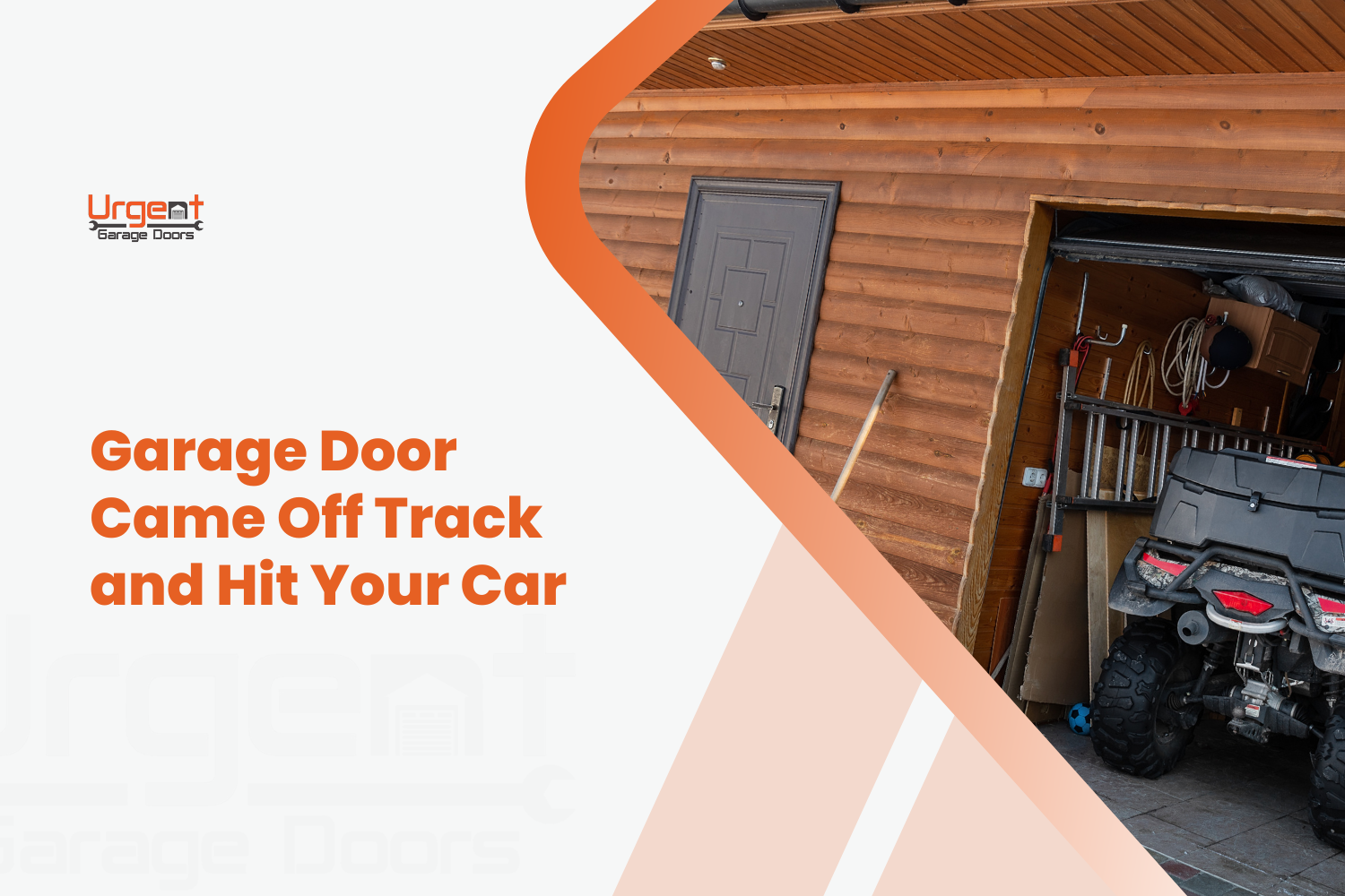 Wooden garage with open door revealing ATV and wall-mounted tools inside