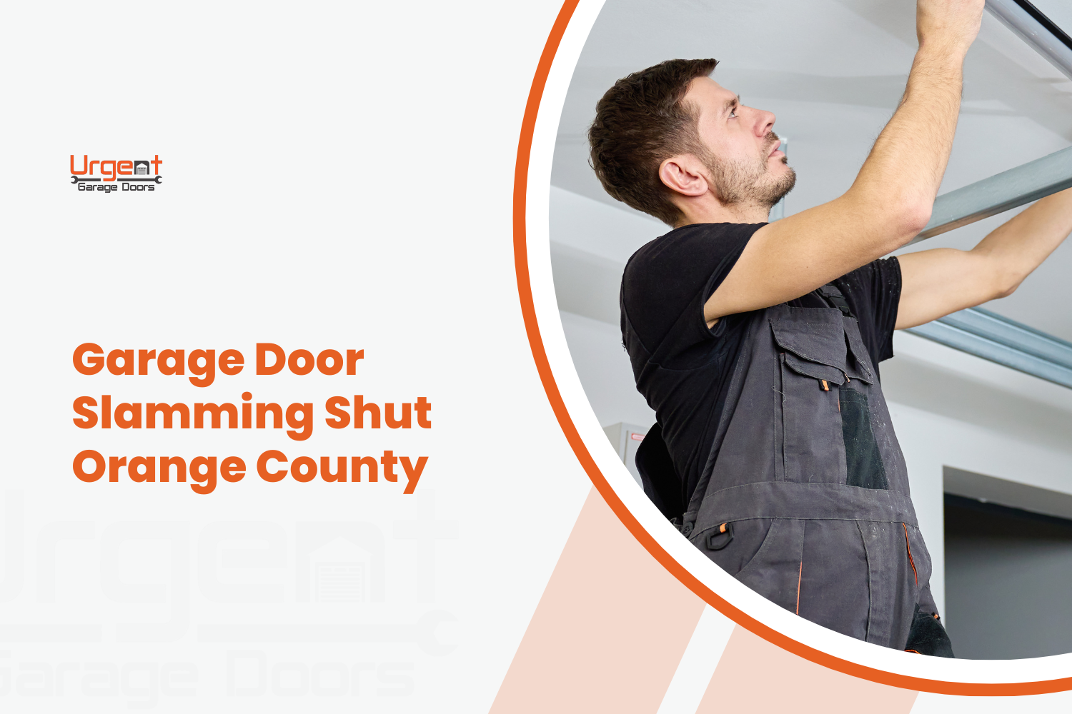 Technician in overalls inspecting garage door track and overhead components Orange County