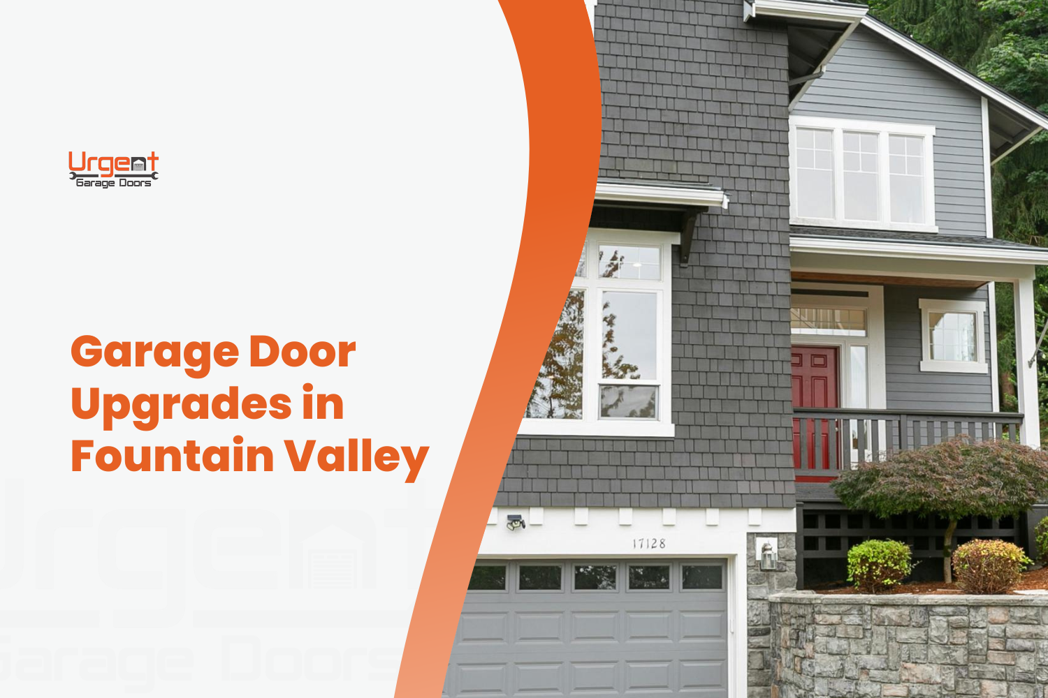 Gray craftsman home with white garage door upgrade in Fountain Valley neighborhood