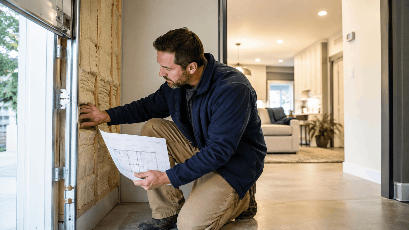 Home inspector examining spray foam insulation and blueprints near garage door in California