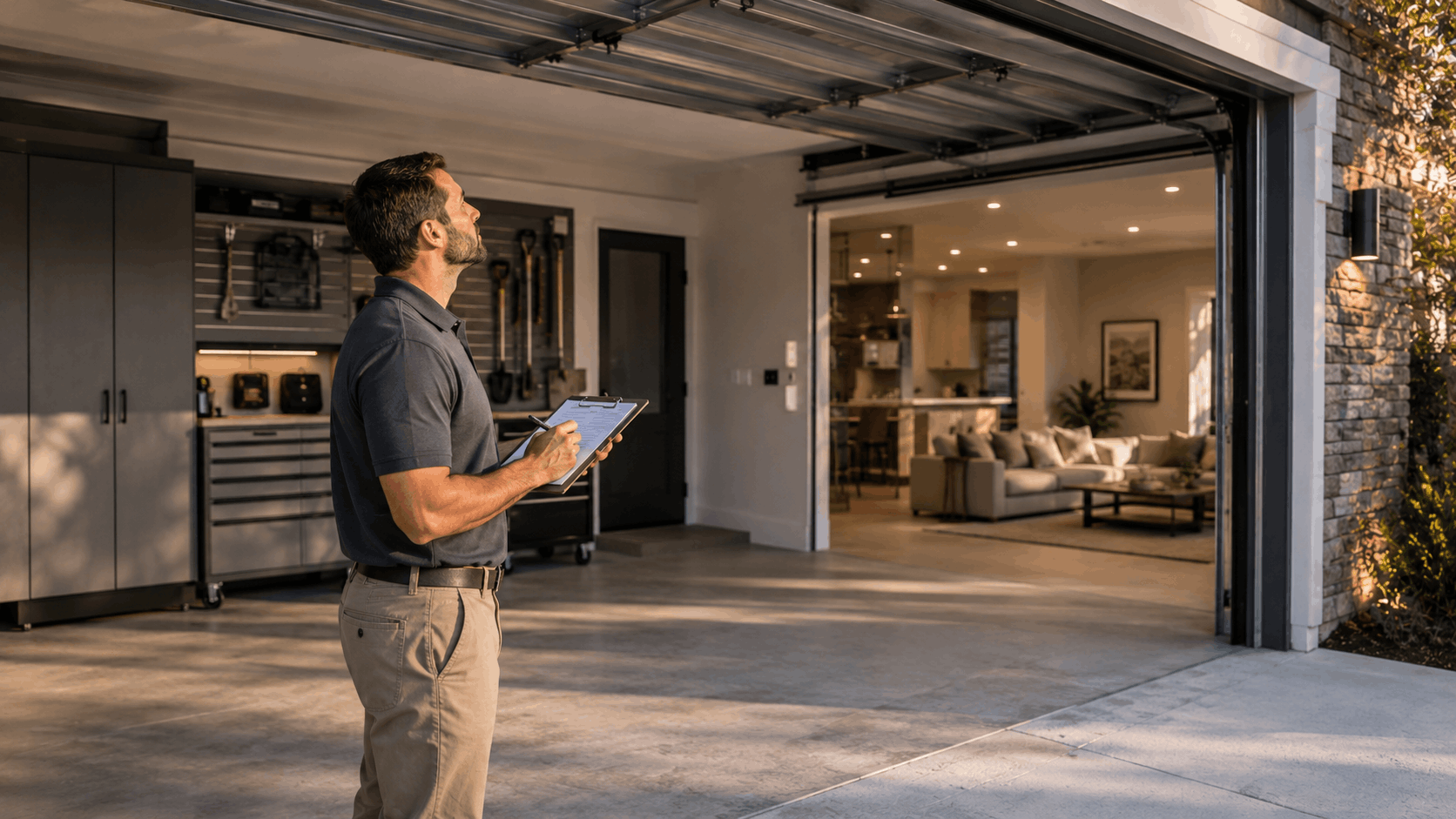 Home inspector examining garage door insulation and conditioned living space connection in Irvine