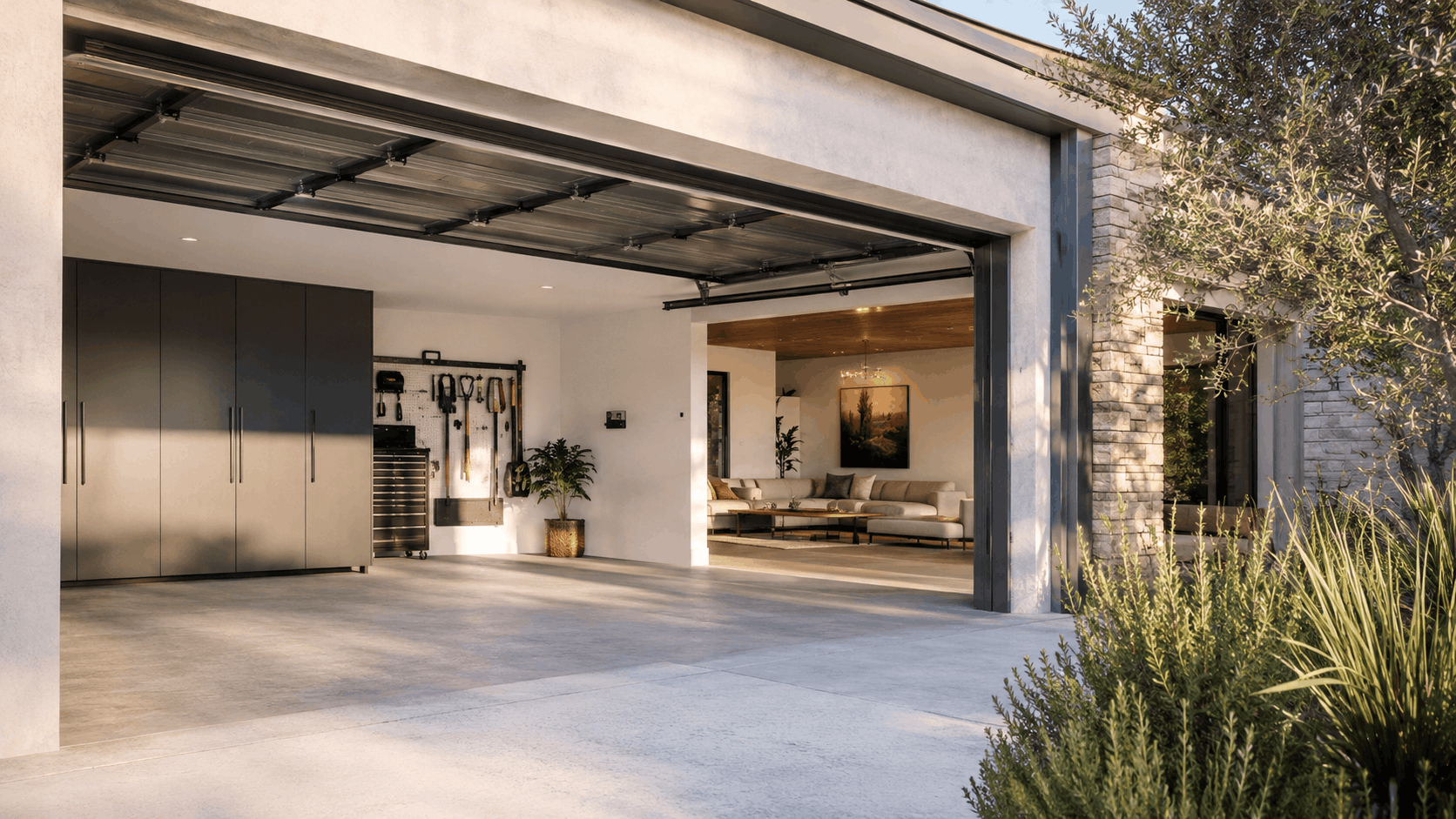 Modern insulated garage door open revealing organized garage and luxury living space in Irvine home