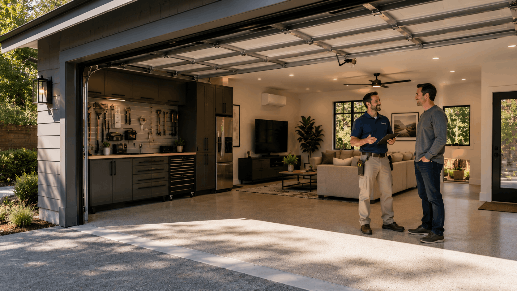 technician reviewing clipboard with homeowner inside converted garage living space Irvine