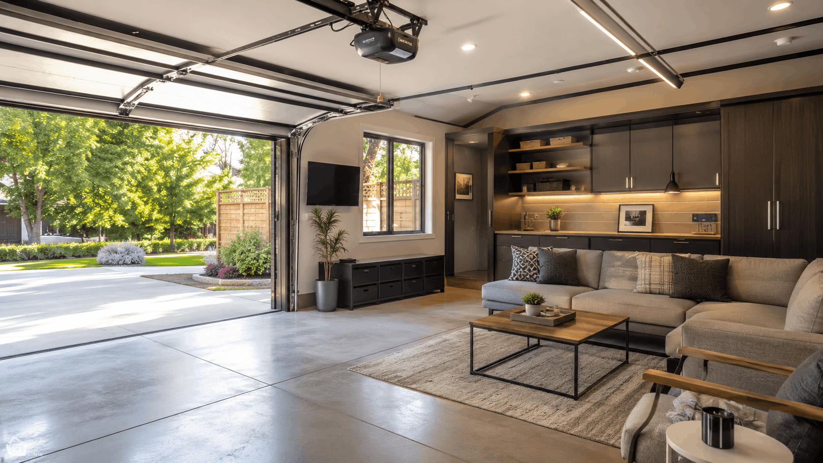 Modern converted garage living space with open door and stylish interior in Irvine