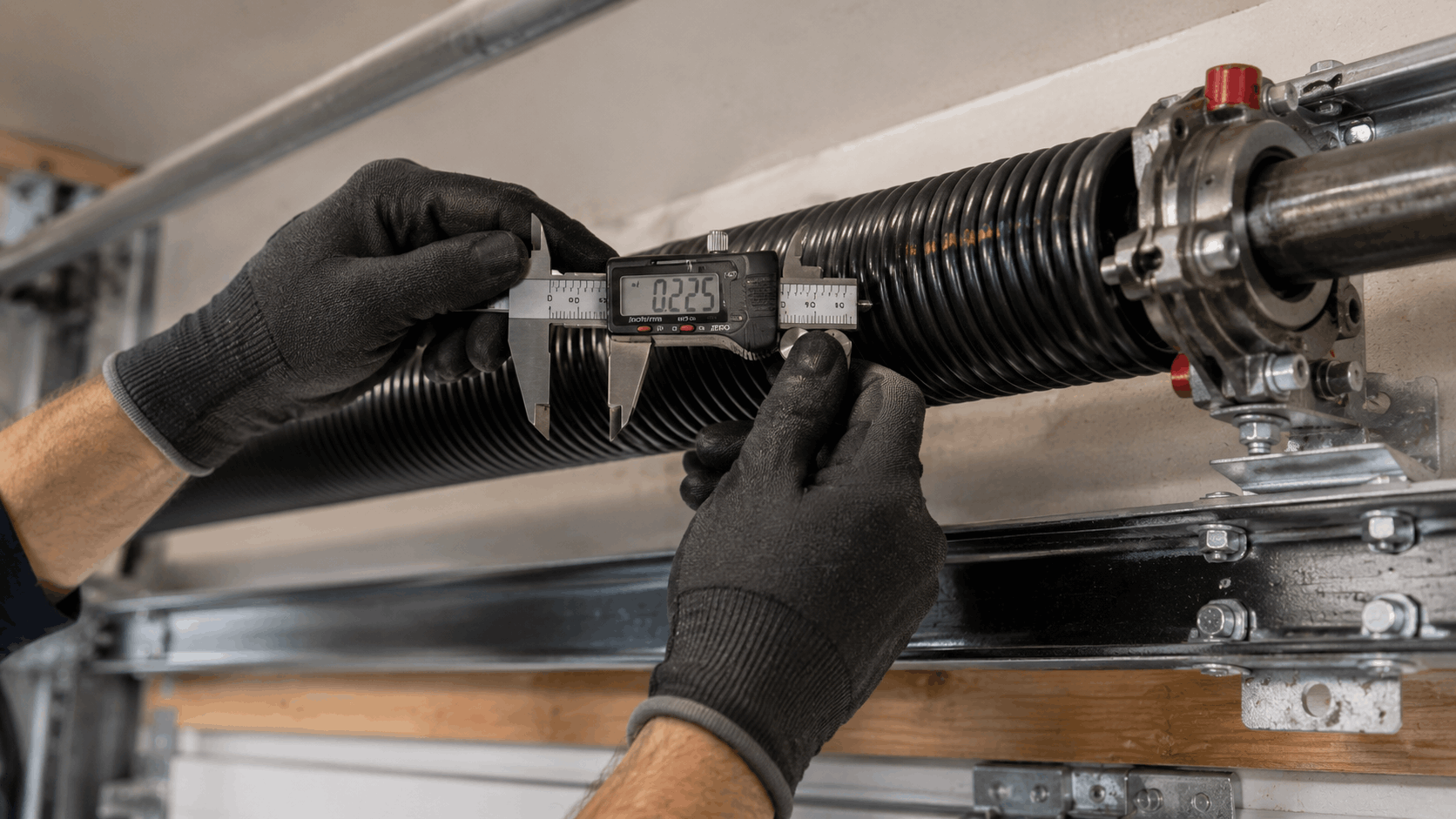 Technician measuring garage door torsion spring wire gauge with digital calipers showing 0.225