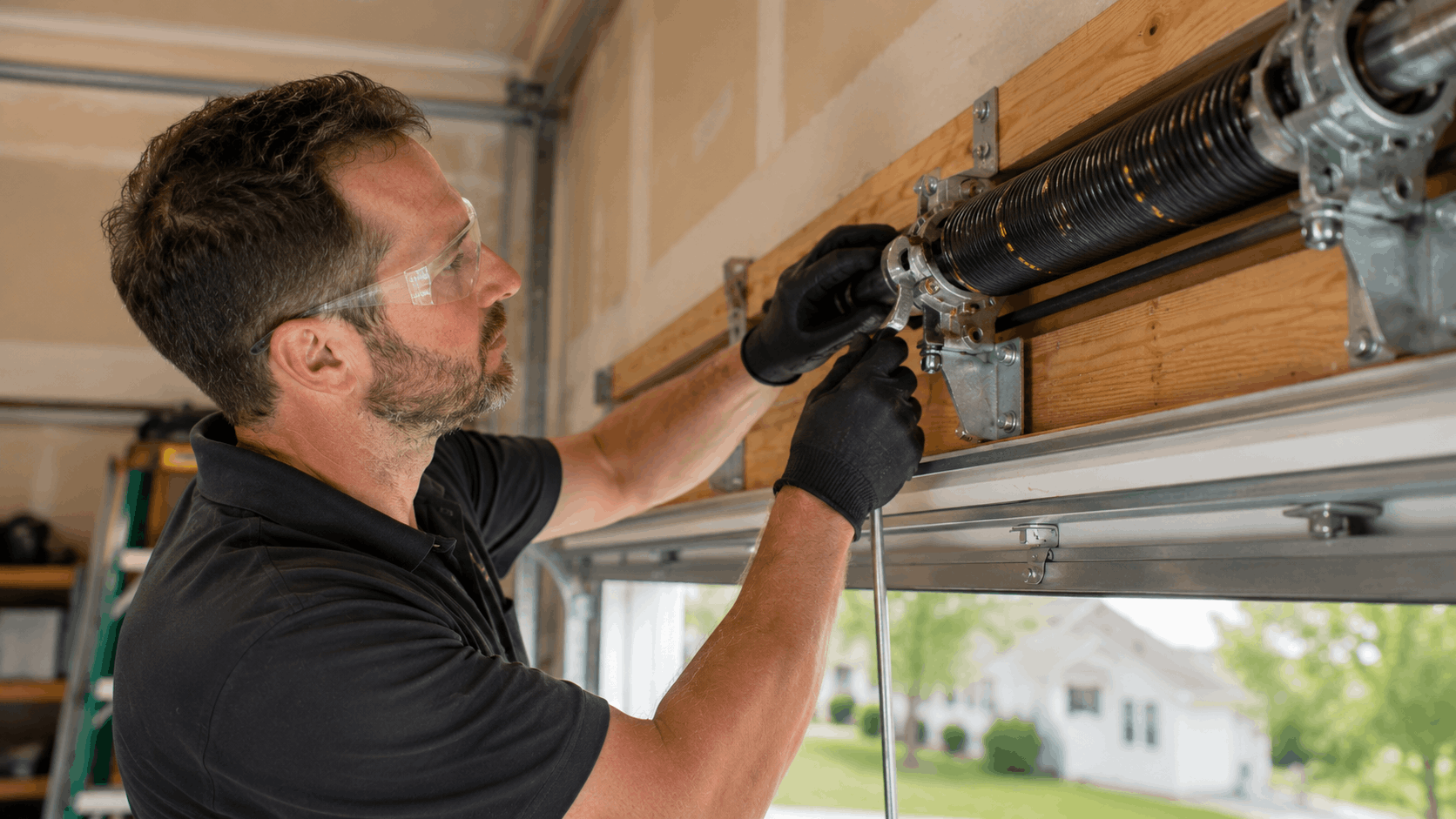 Technician repairing garage door torsion springs wearing safety glasses and gloves
