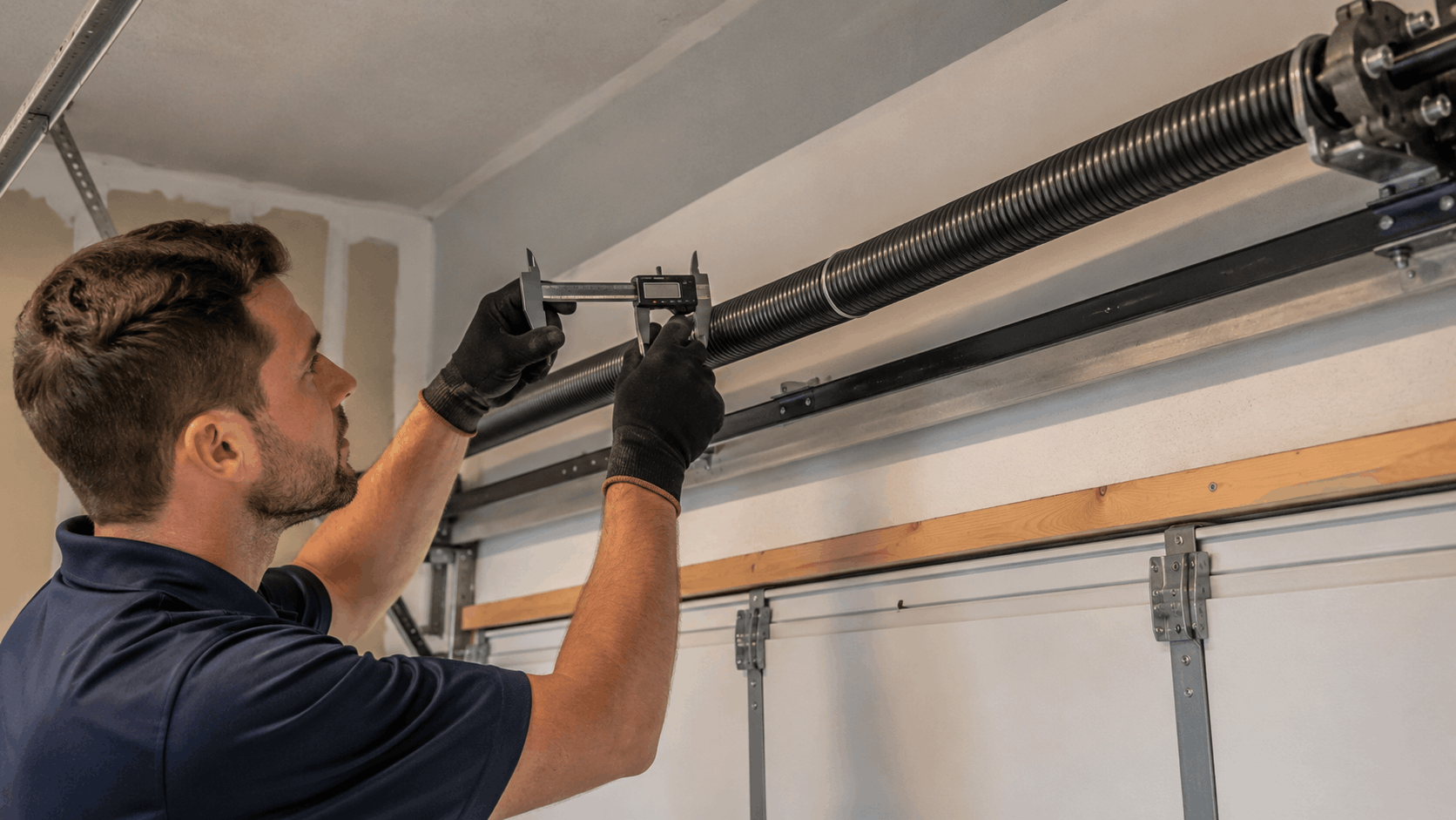 Technician measuring garage door torsion spring wire size with digital calipers