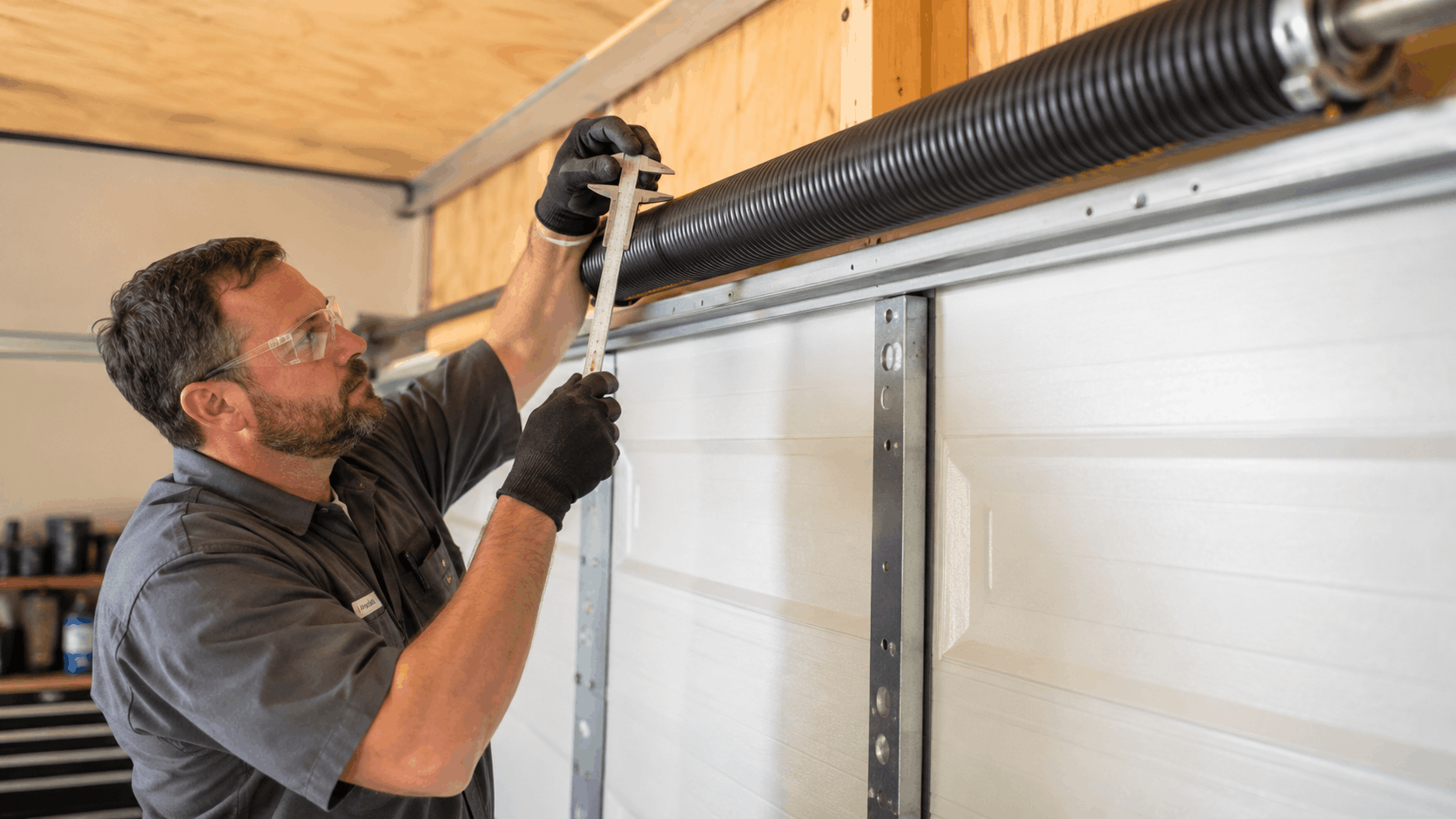 Garage door technician measuring torsion spring with calipers during Irvine repair service