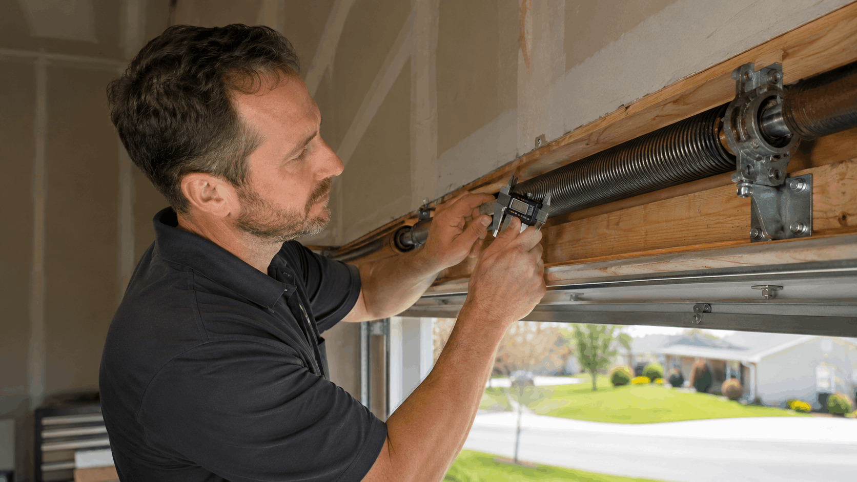 Garage door technician measuring torsion spring with digital calipers during Irvine repair service
