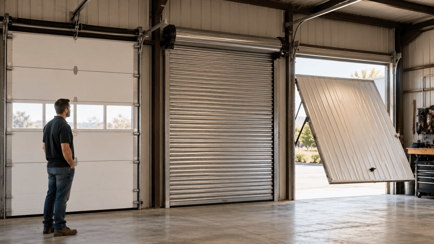 Man comparing three garage door types: sectional, roll-up, and tilt-up in Irvine workshop