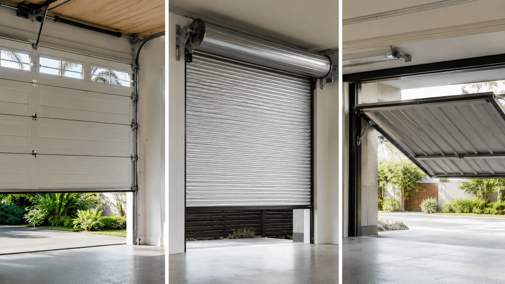 Three types of garage doors sectional roll-up and tilt-up styles in modern Irvine homes