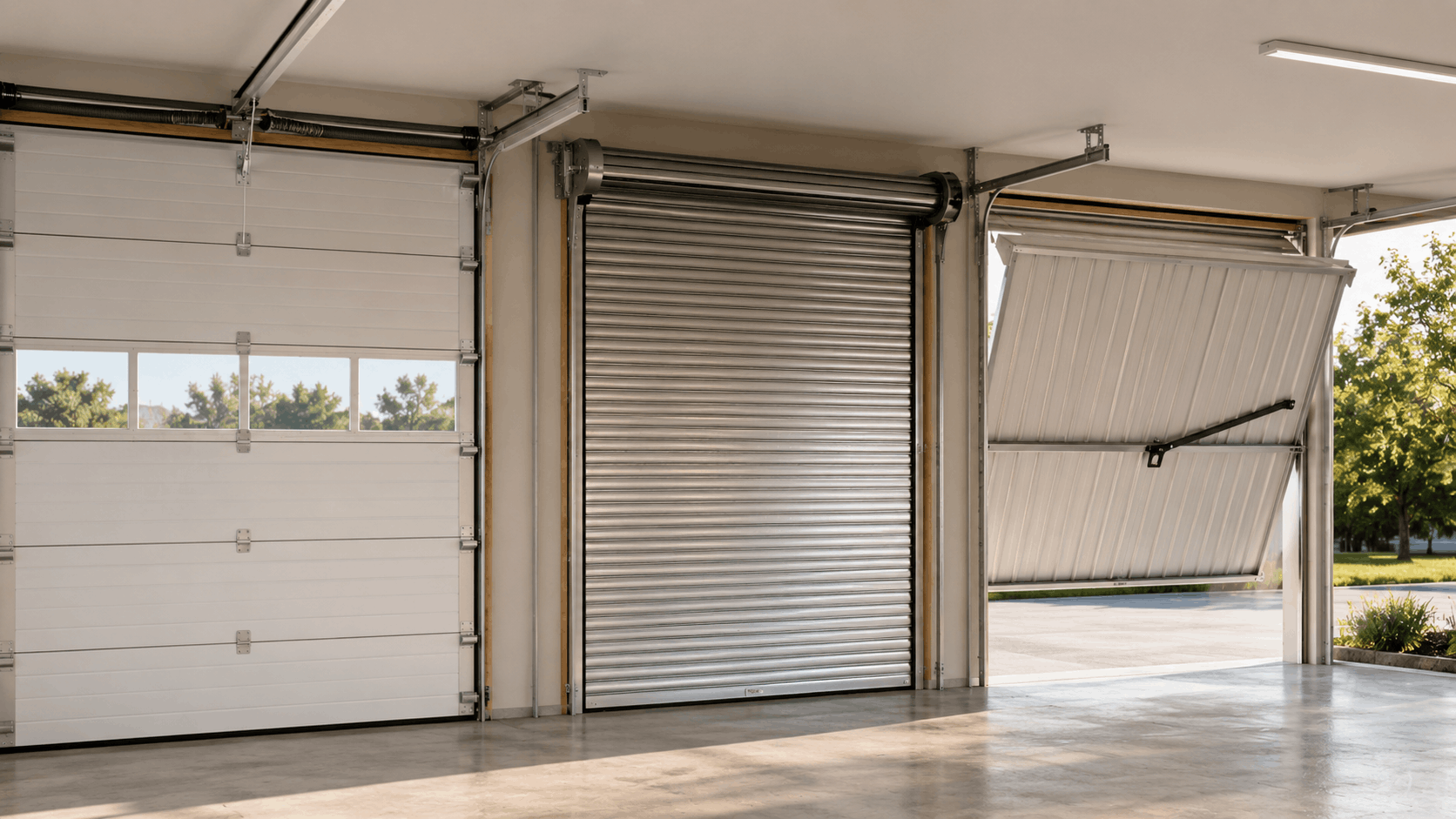 Three garage door types including tilt-up panel door opening in Irvine commercial garage
