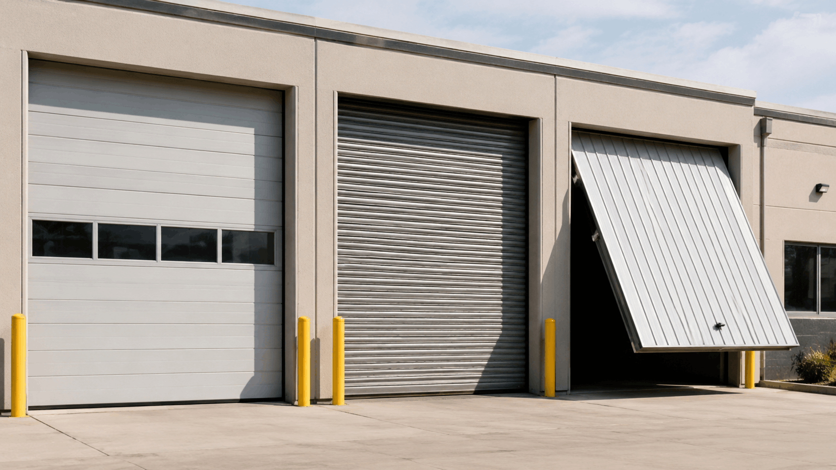 Three commercial garage doors with insulated panels and roll-up designs on Irvine warehouse