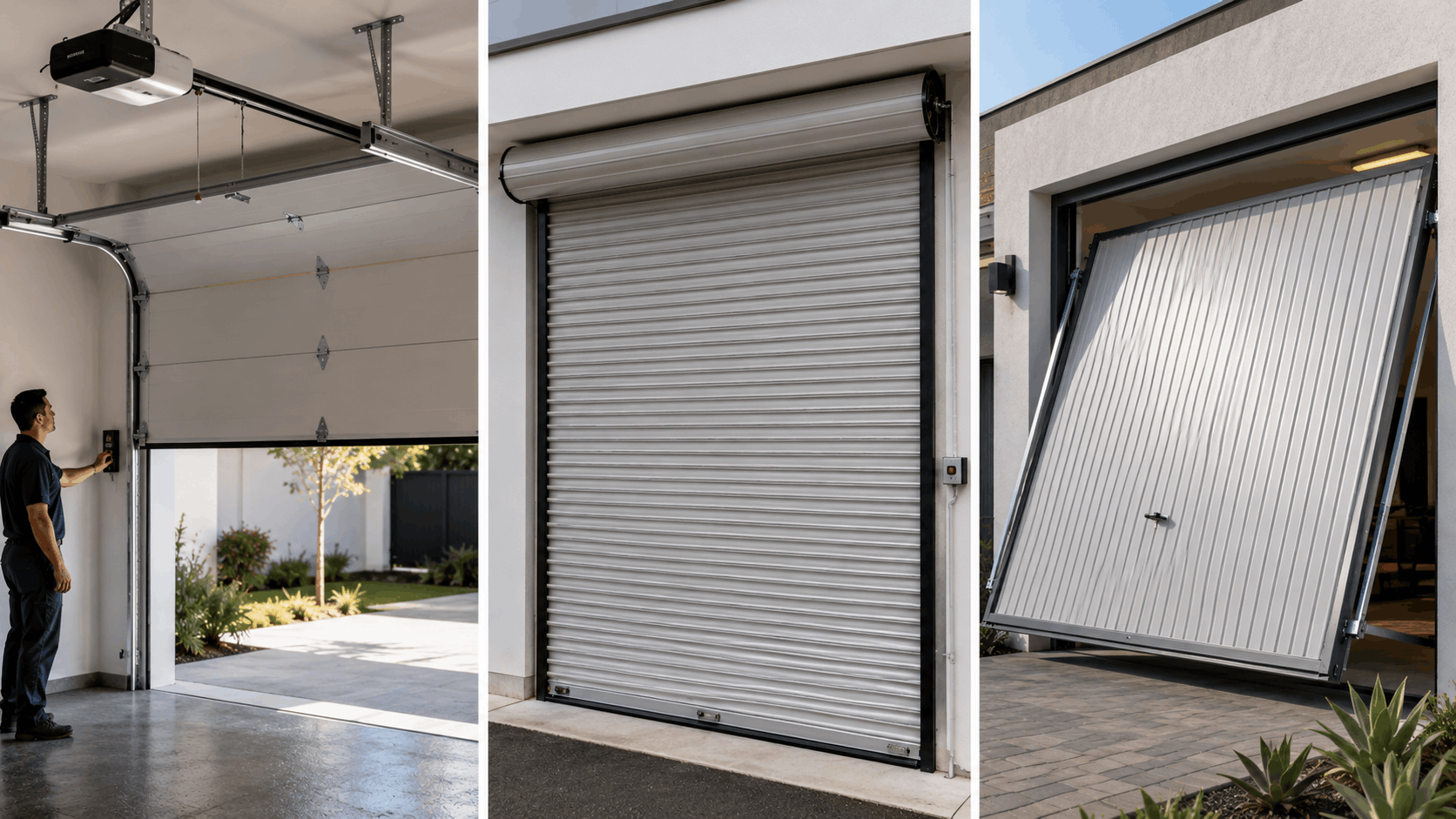 Three garage door types compared: sectional, roll-up, and tilt-up doors in Irvine home