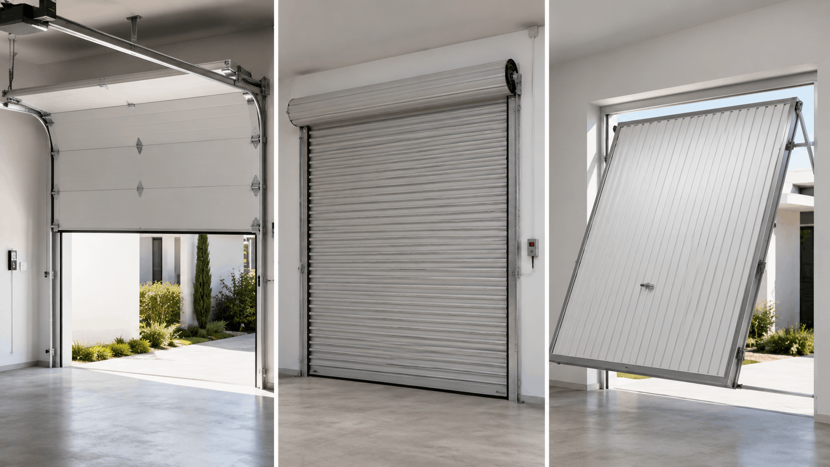 Three types of garage doors sectional roll-up and tilt-up shown in modern Irvine garage