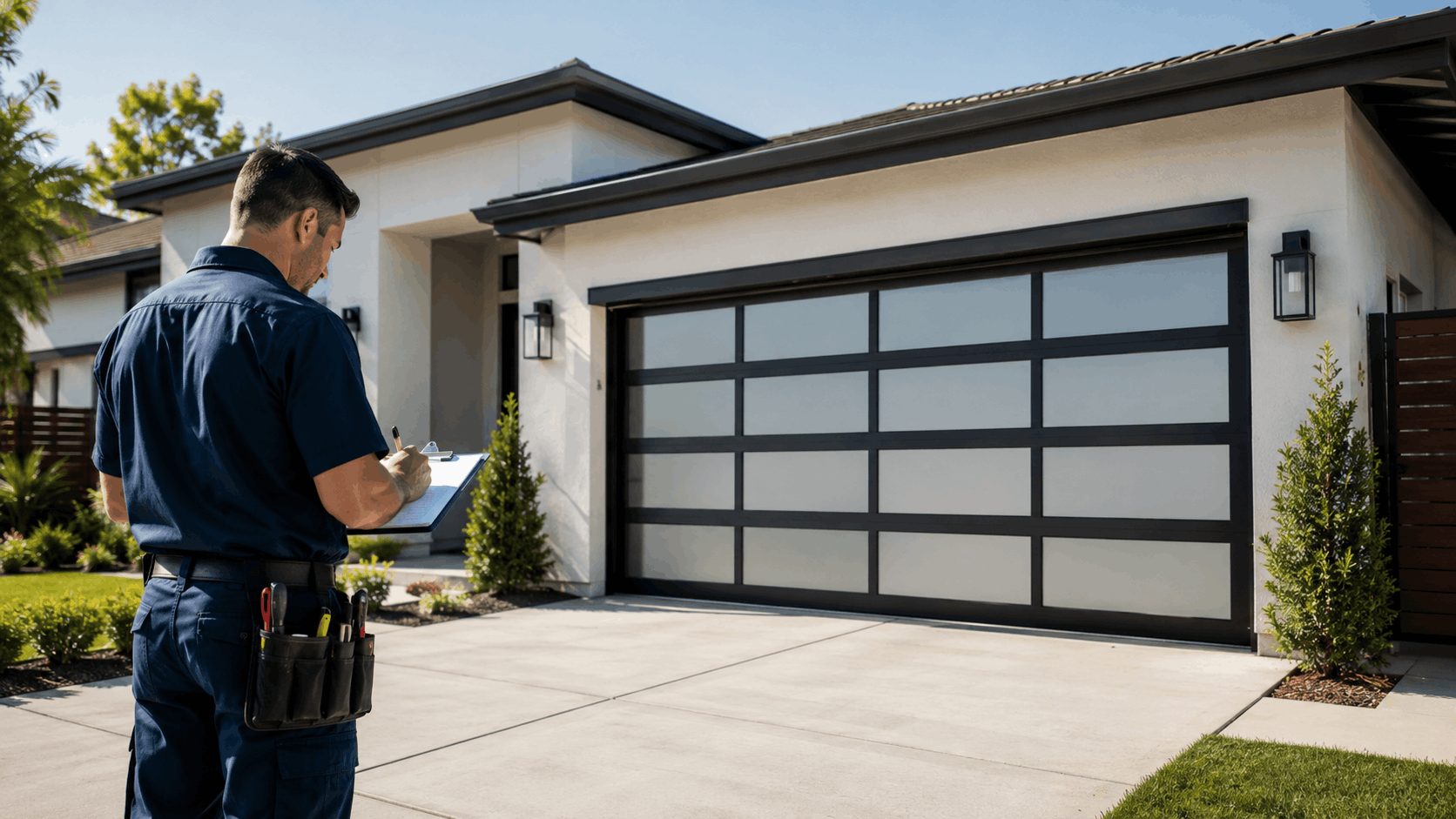 Garage door technician inspecting modern glass panel garage door at Irvine home