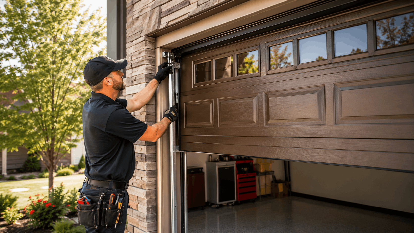 Professional technician installing and repairing wooden garage door panels in Irvine home