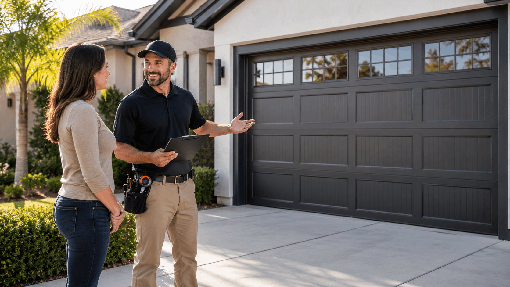 Garage door technician consulting homeowner about fiberglass garage door installation at Irvine coastal home