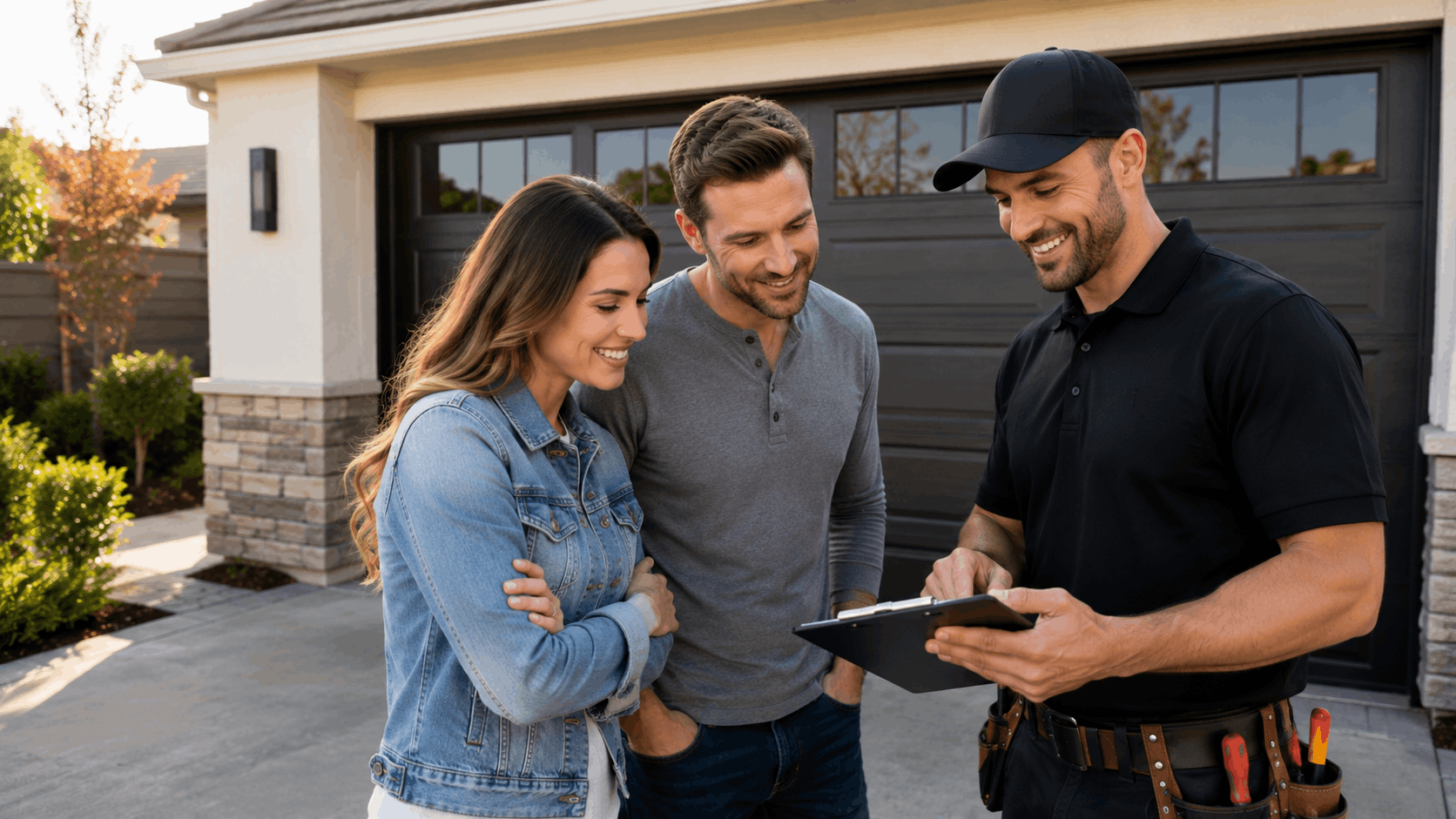Garage door technician reviewing pricing estimate with homeowners in Irvine driveway