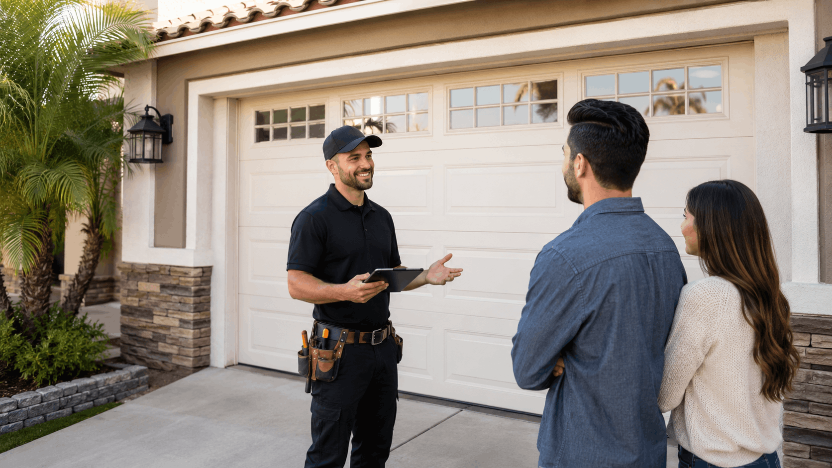 Garage door technician consulting with homeowners outside Irvine home during urgent repair visit