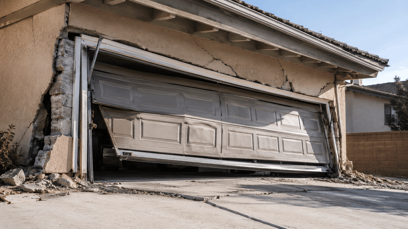 Earthquake-damaged garage door with cracked stucco walls and structural debris in Irvine