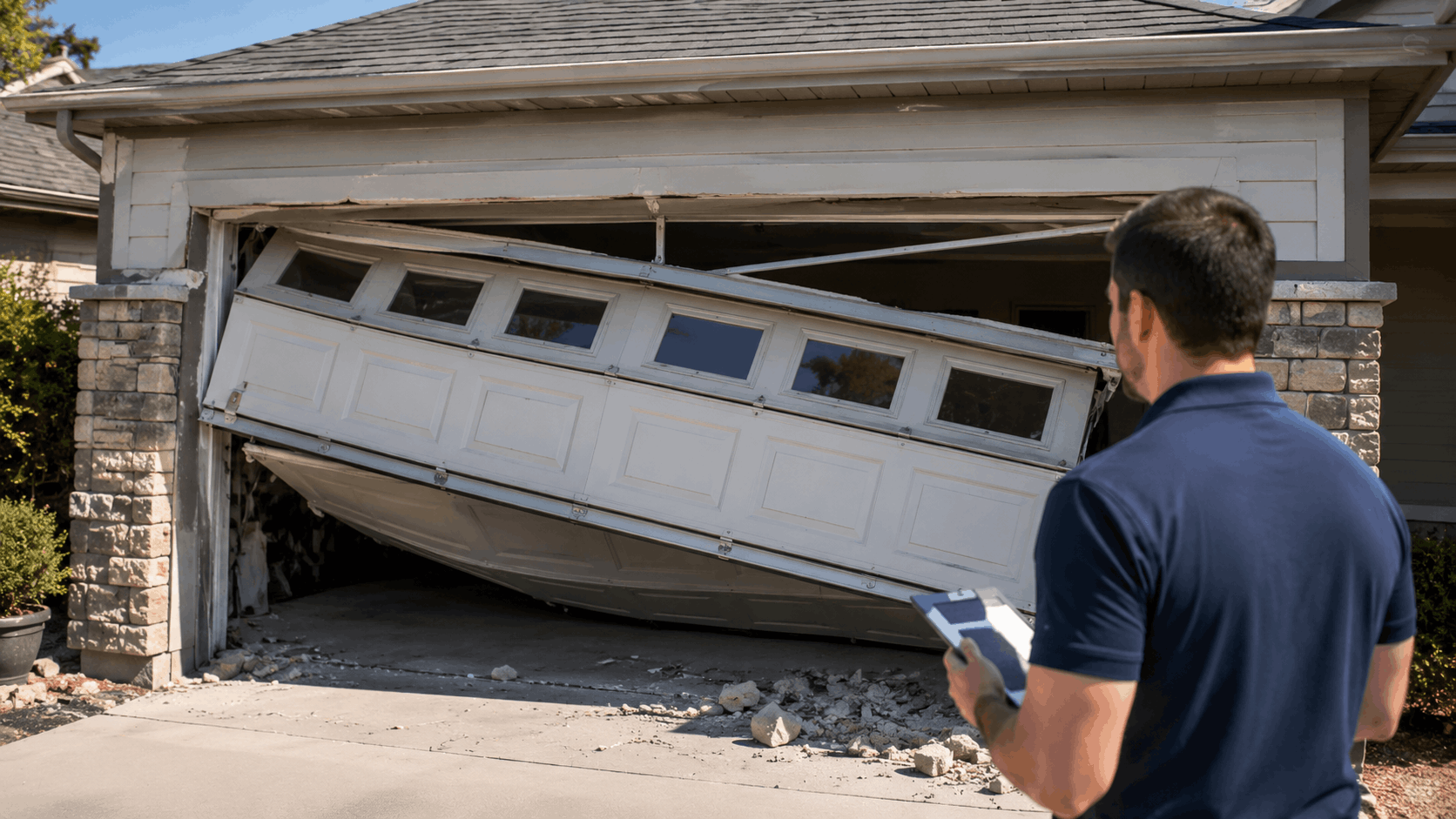 Technician inspecting collapsed garage door after spring system failure causing structural damage