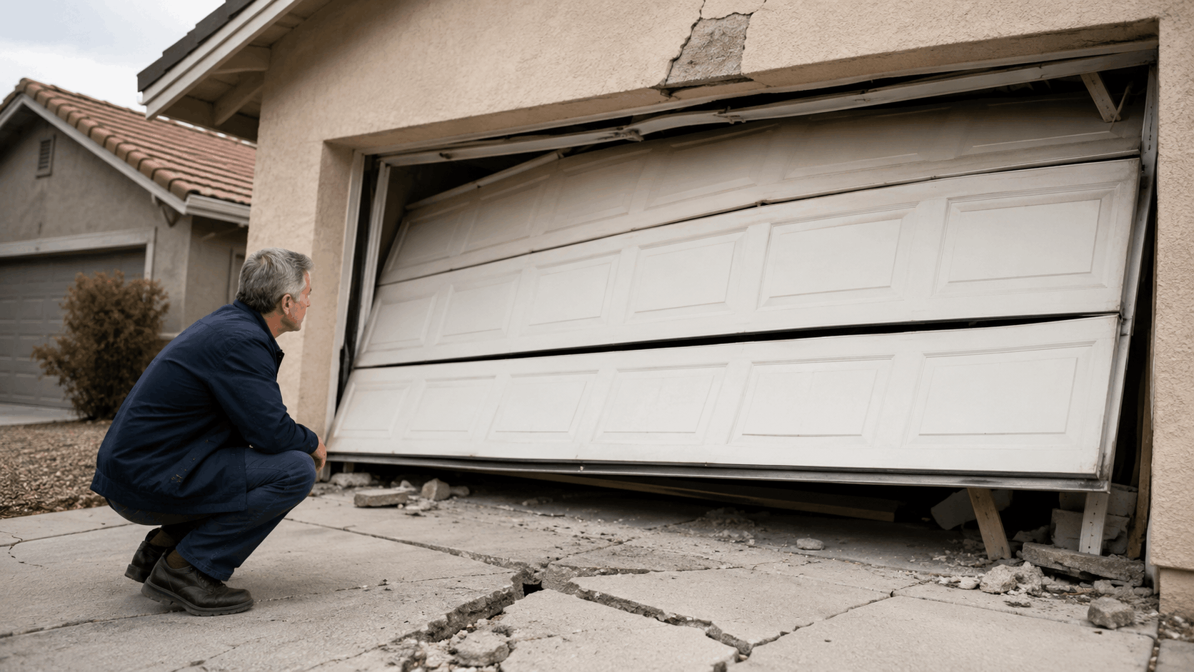 Man inspecting severely damaged garage door panels and hinges after earthquake in Irvine