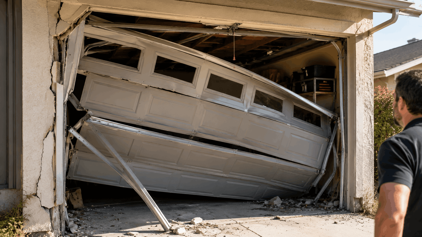 Collapsed white garage door with cracked frame after earthquake damage in Irvine home