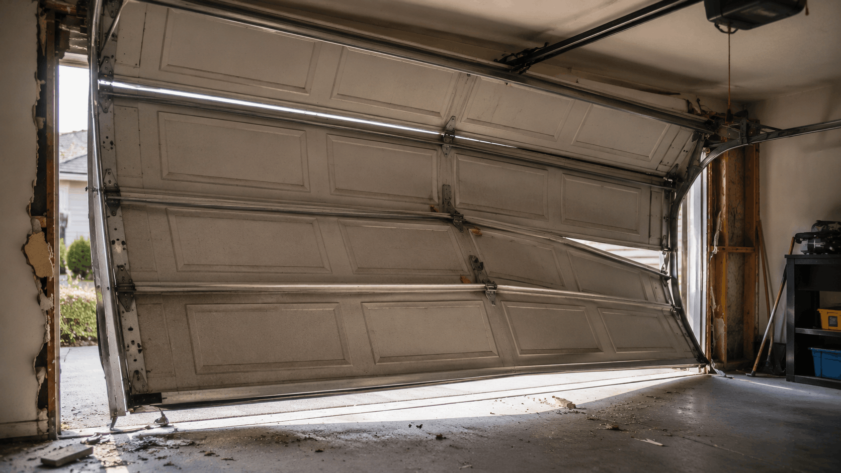 Damaged off-track garage door with bent panels and broken frame in Irvine home