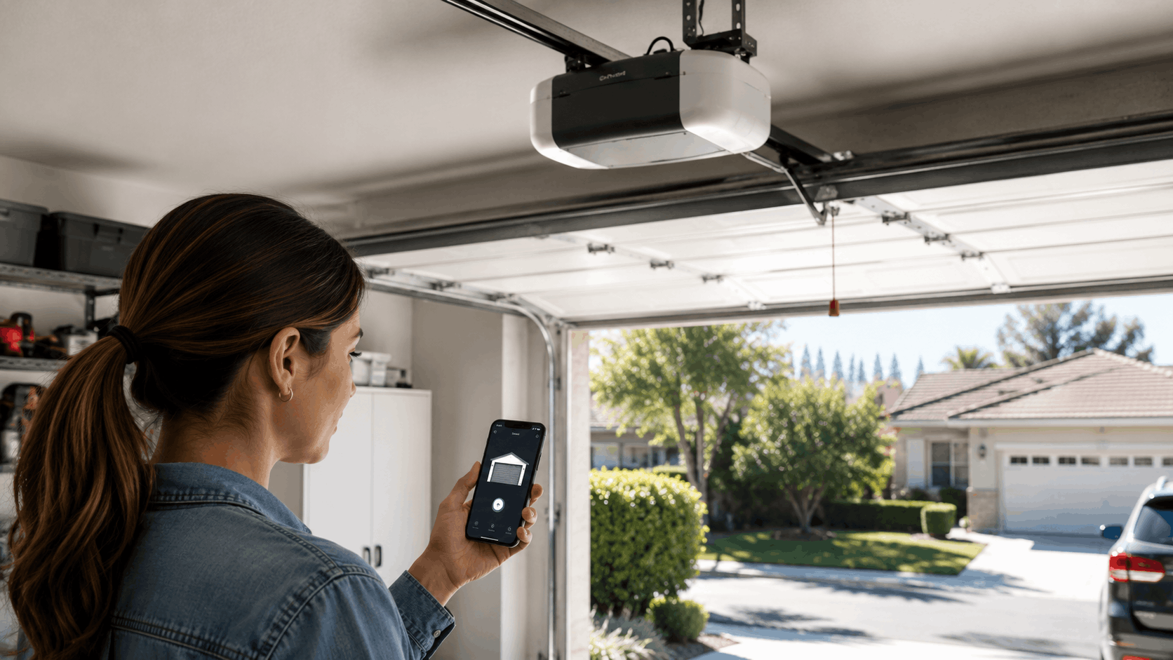 Woman using smartphone app to control smart garage door opener in Irvine home