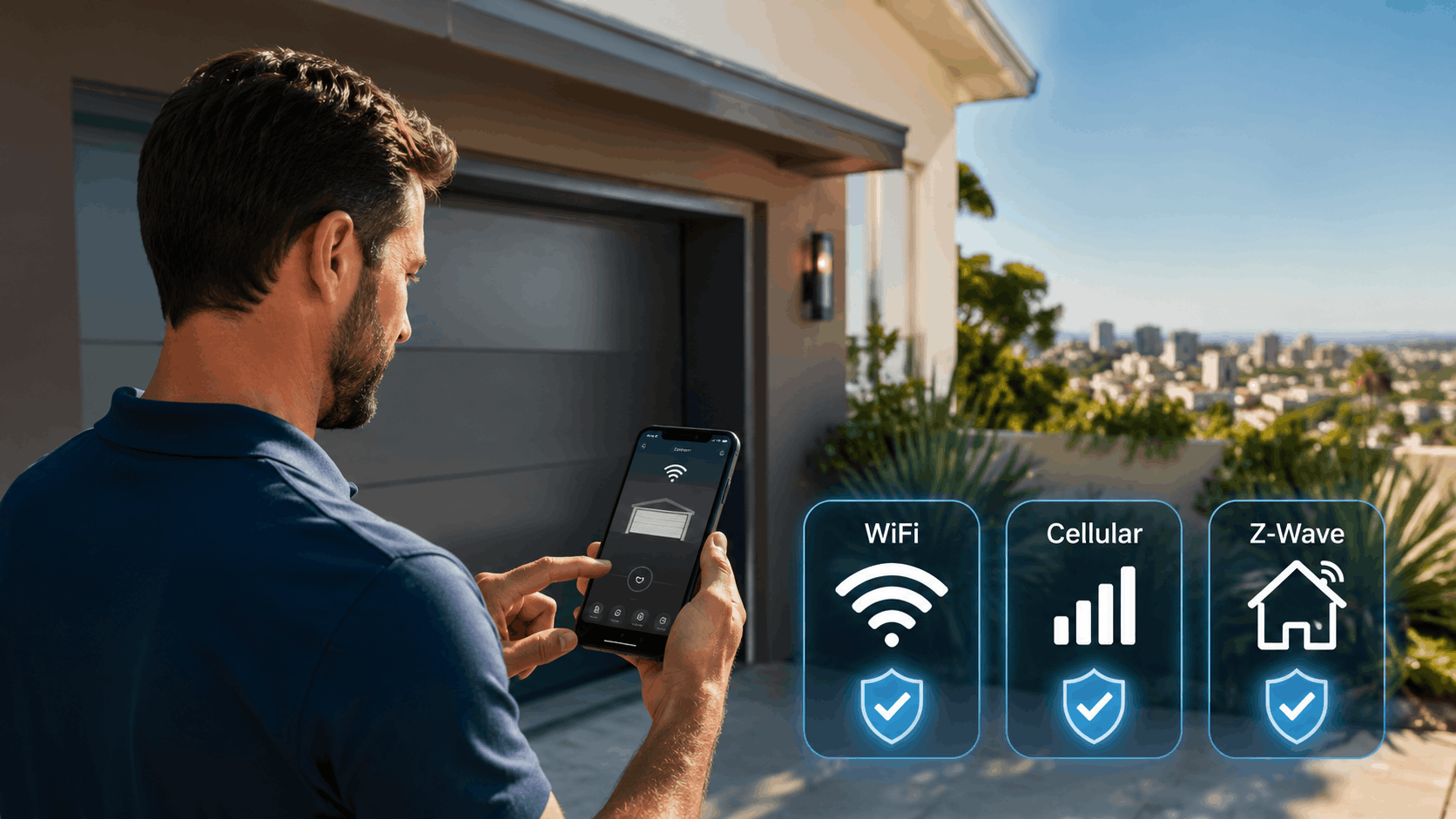 Man using smartphone app to control garage door with WiFi, Cellular, and Z-Wave connectivity icons