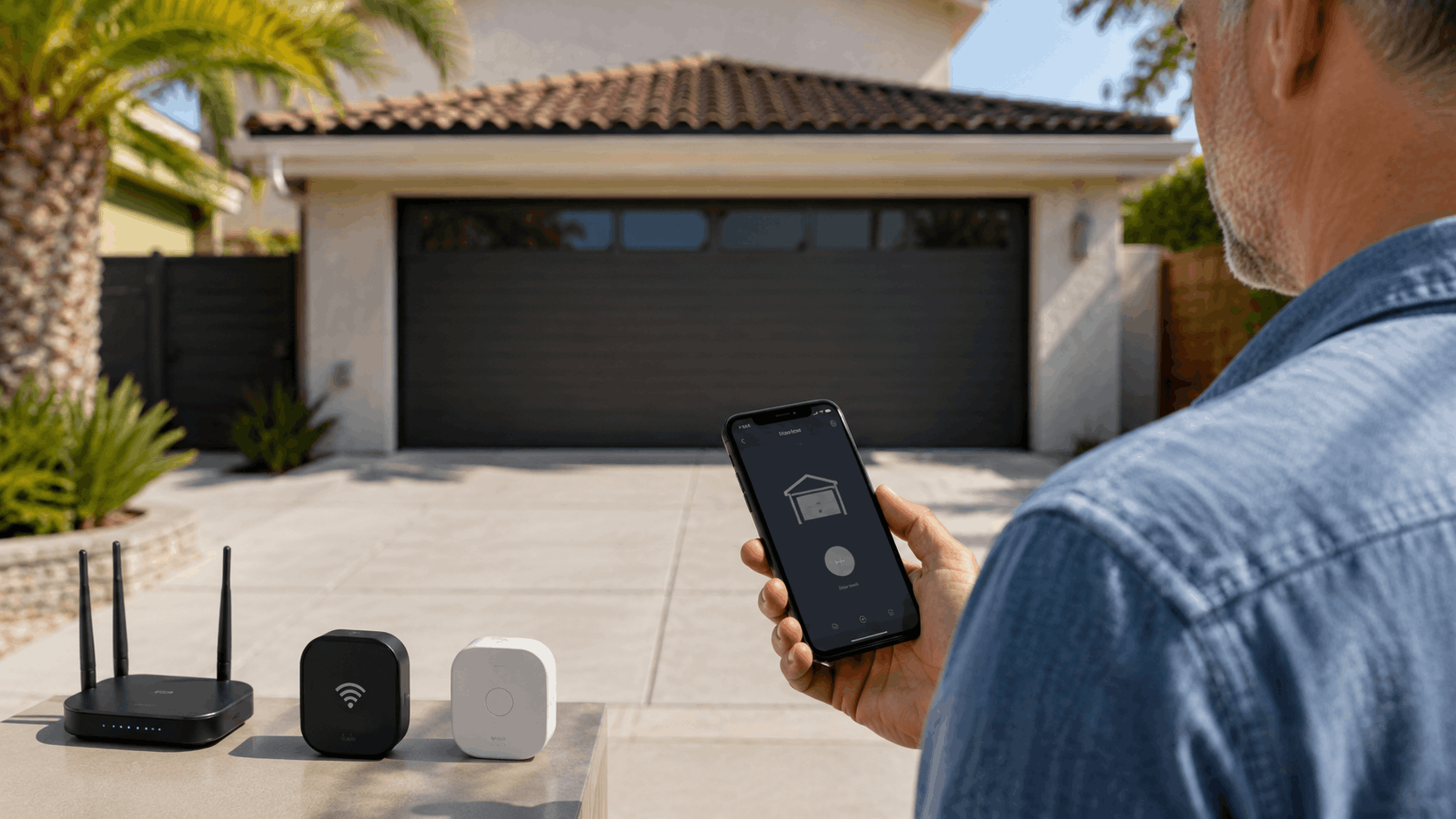Man using smartphone app to control smart garage door opener in Irvine driveway