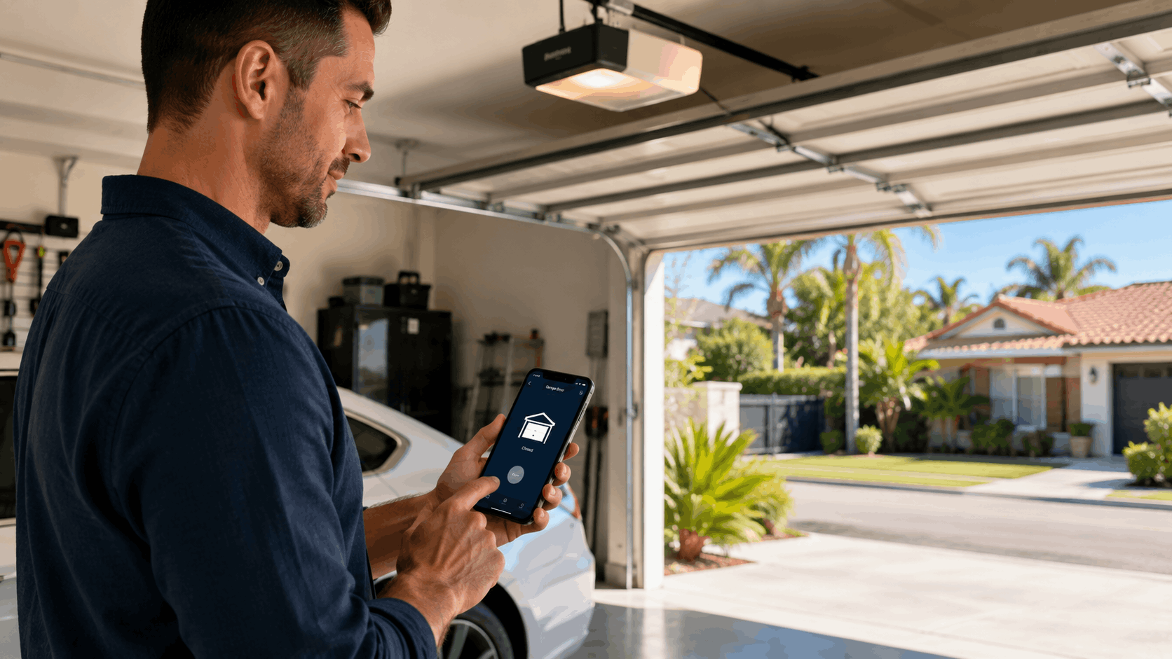 Man using smartphone app to control smart garage door opener in Irvine home