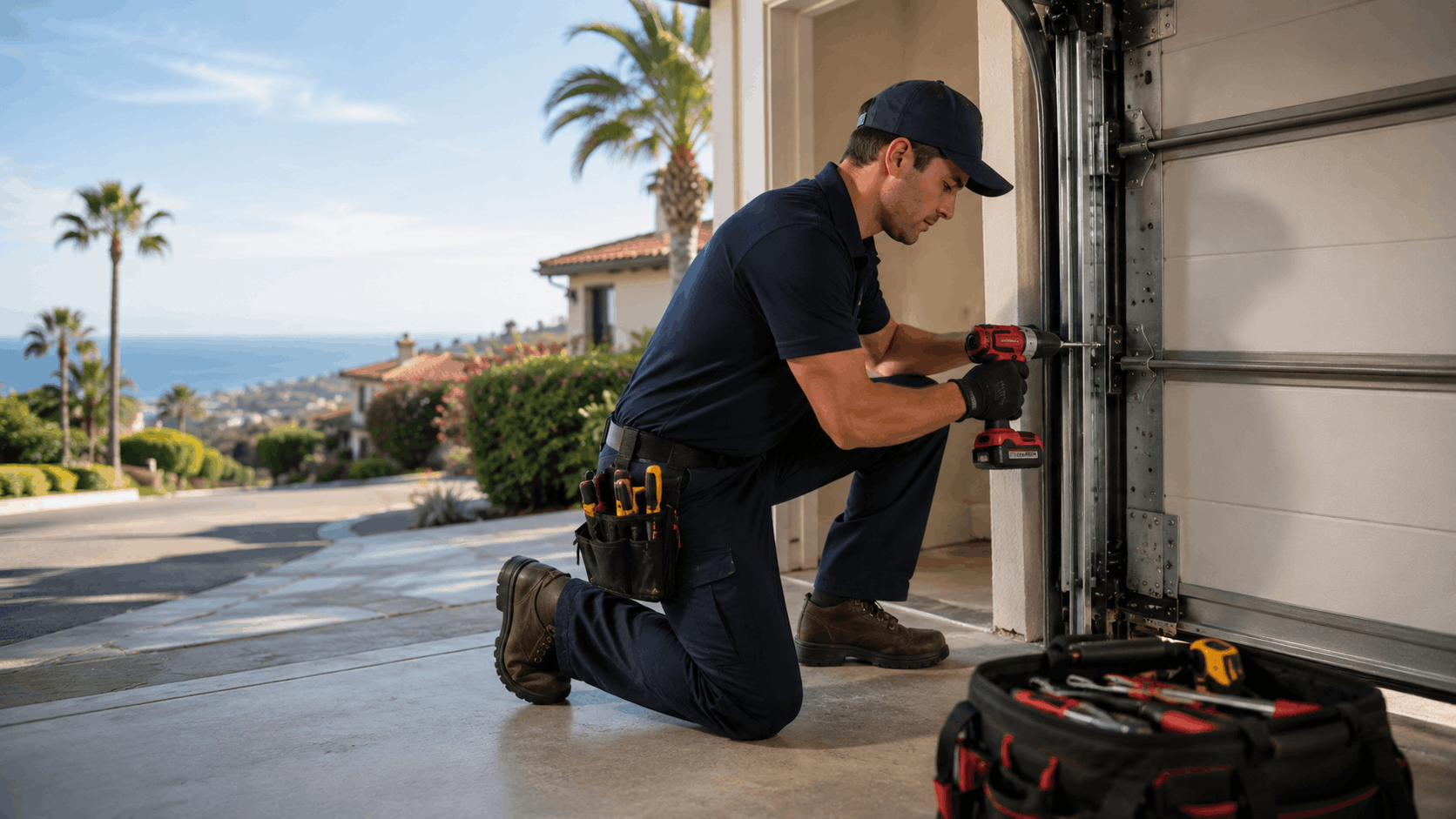 Garage door technician using power drill to repair Newport Coast home door track