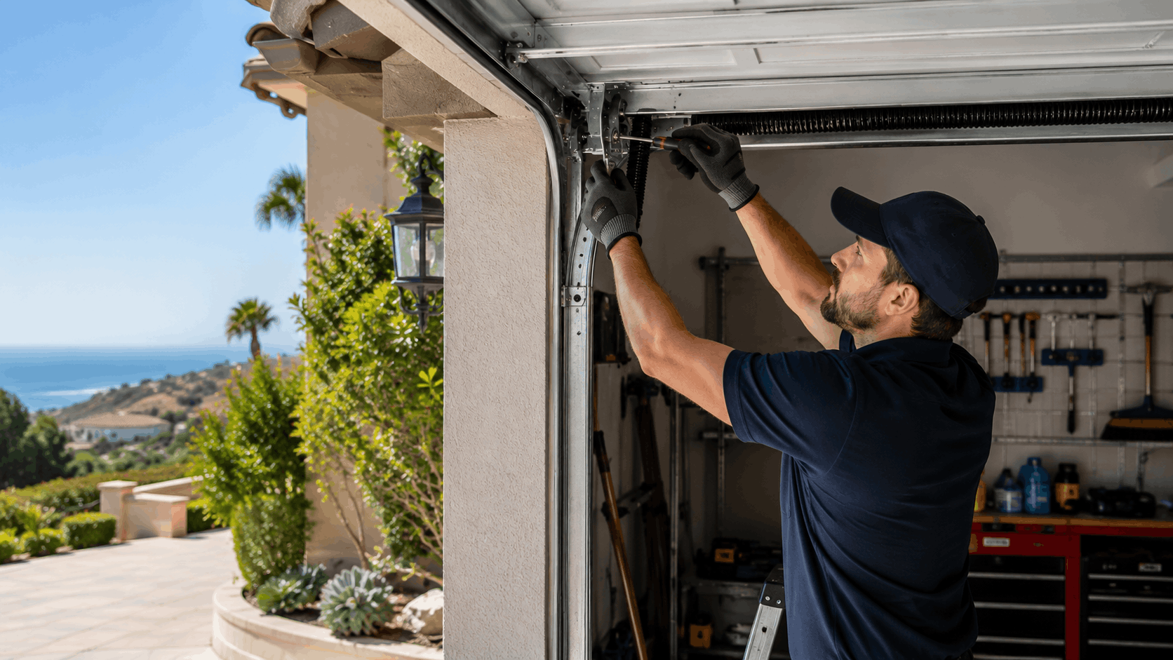 Technician repairing garage door spring mechanism at luxury Pelican Hill hillside home