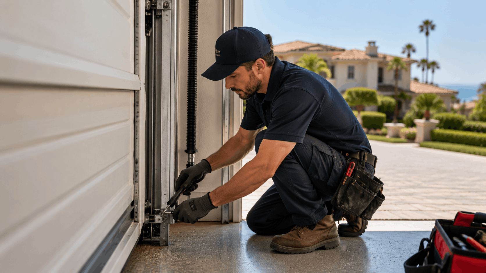 Garage door technician repairing track and springs at Newport Coast luxury home