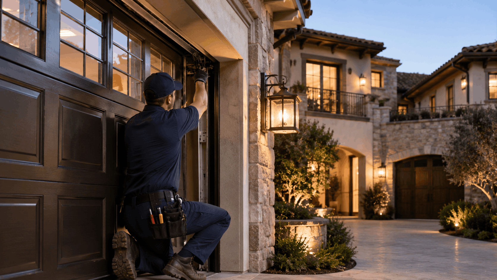 Garage door technician repairing premium wooden garage door at luxury Irvine home dusk
