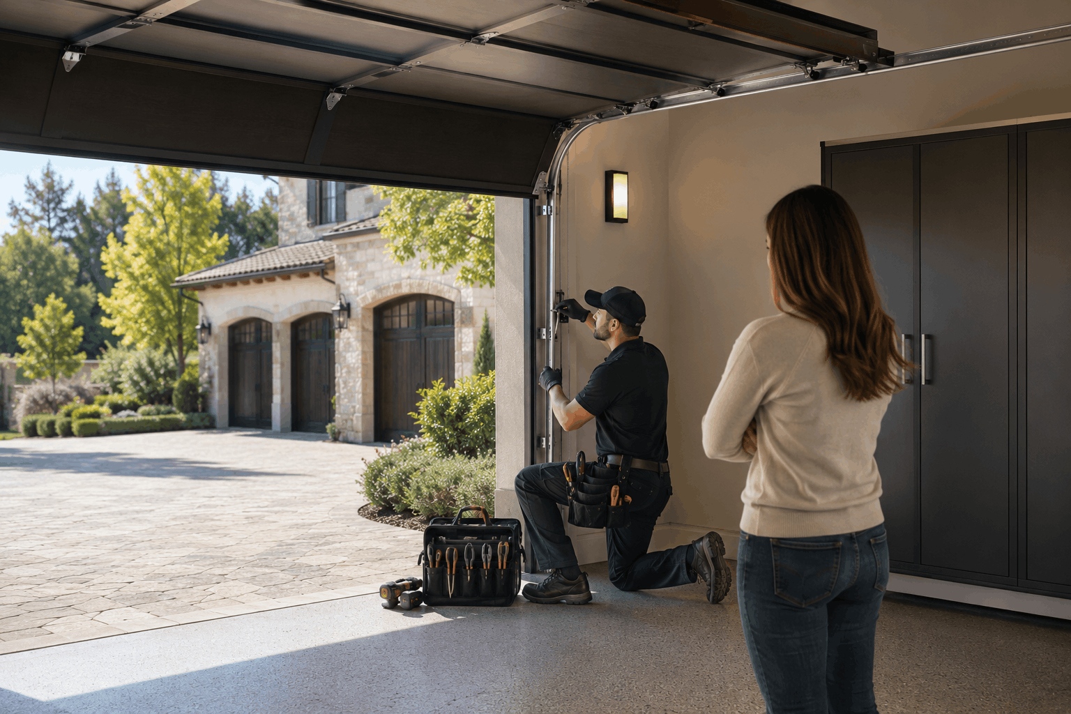 Garage door technician installing custom door while homeowner watches in Irvine driveway